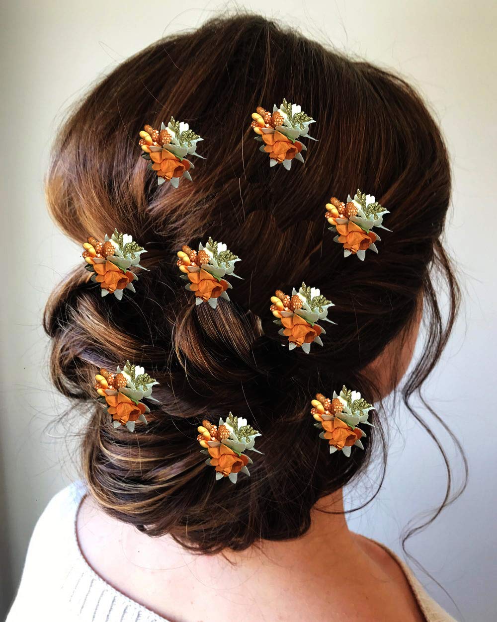 Women's Hair Pins with Artificial Flowers - Hair Clips & Bun Accessories for Weddings, Brides & Special Occasions (Orange) | Elegant Hair Styling for Parties, Prom & Formal Events