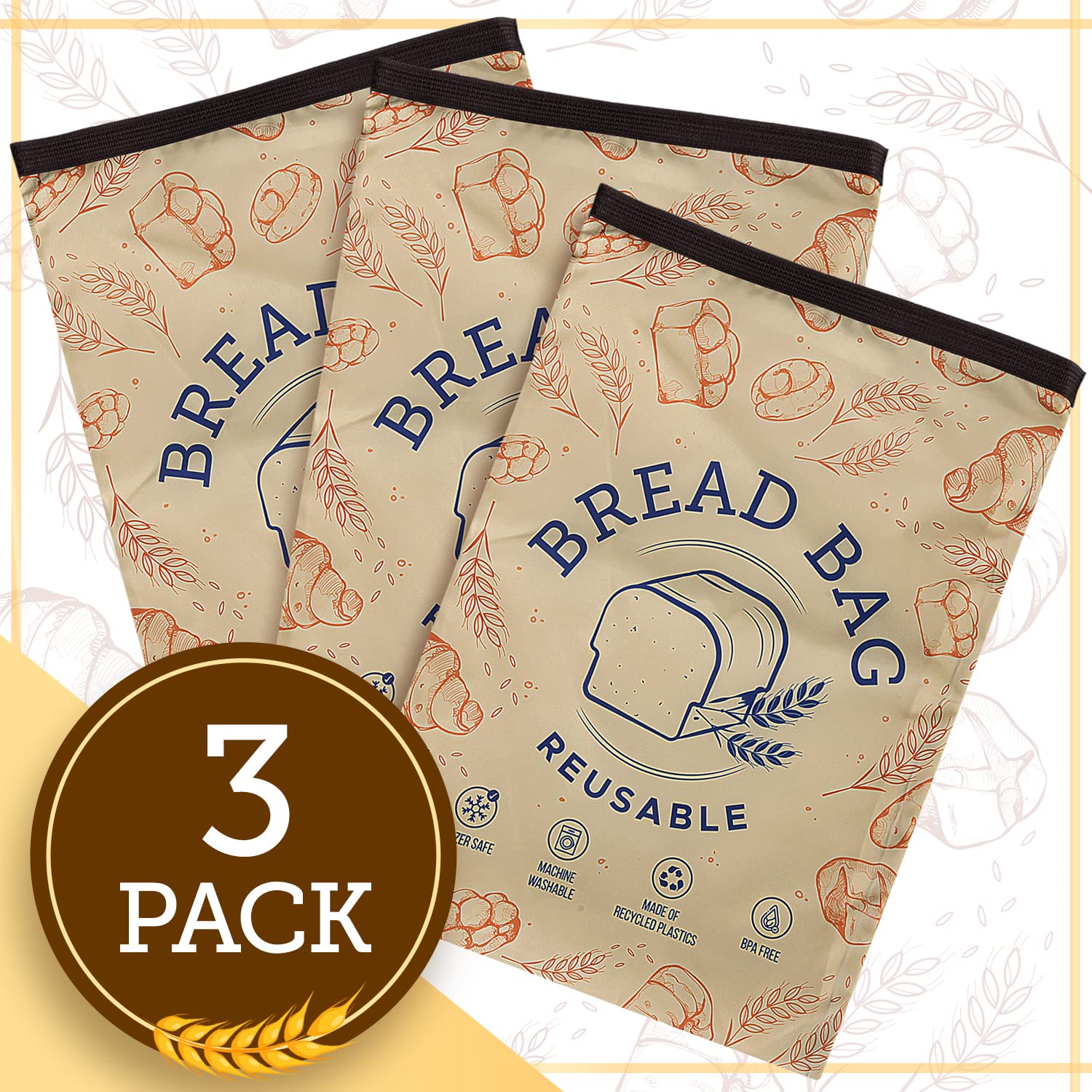 IMPRESA [3 Pack] Reusable Bread Storage Bags - Airtight Double Seal Freezer Bags for Freshness - Dishwasher & Washing Machine Safe - Perfect for Homemade Bread, Sandwiches, and Baked Goods Storage