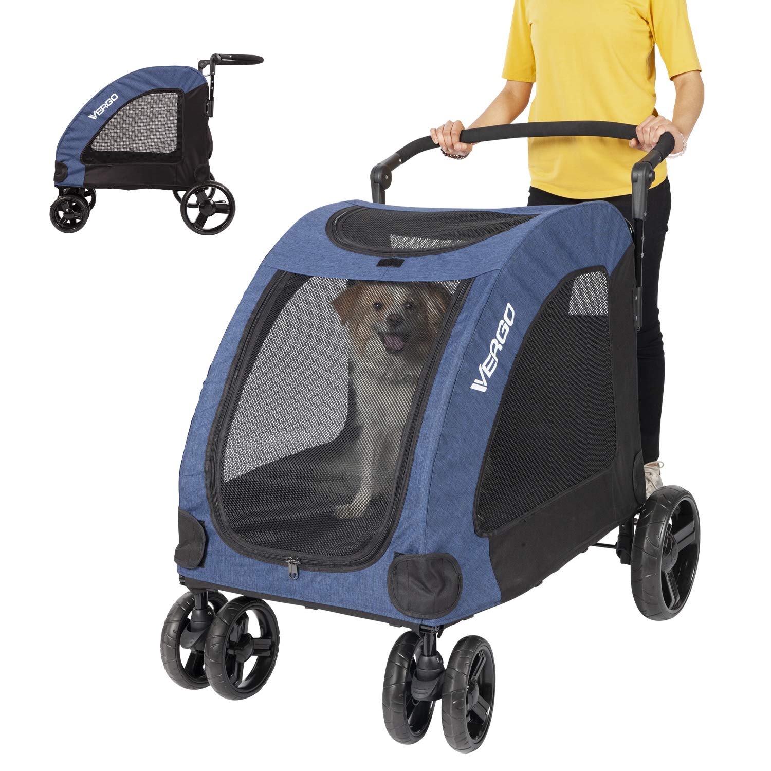 Vergo Blue Foldable Pet Stroller Wagon Cart - 4 Wheel Dog Stroller with Adjustable Handle & Zipper Entry, Mesh Skylight for Small to Large Dogs, Cats & Pets - Perfect for Park Walks, Shopping Trips & Outdoor Adventures