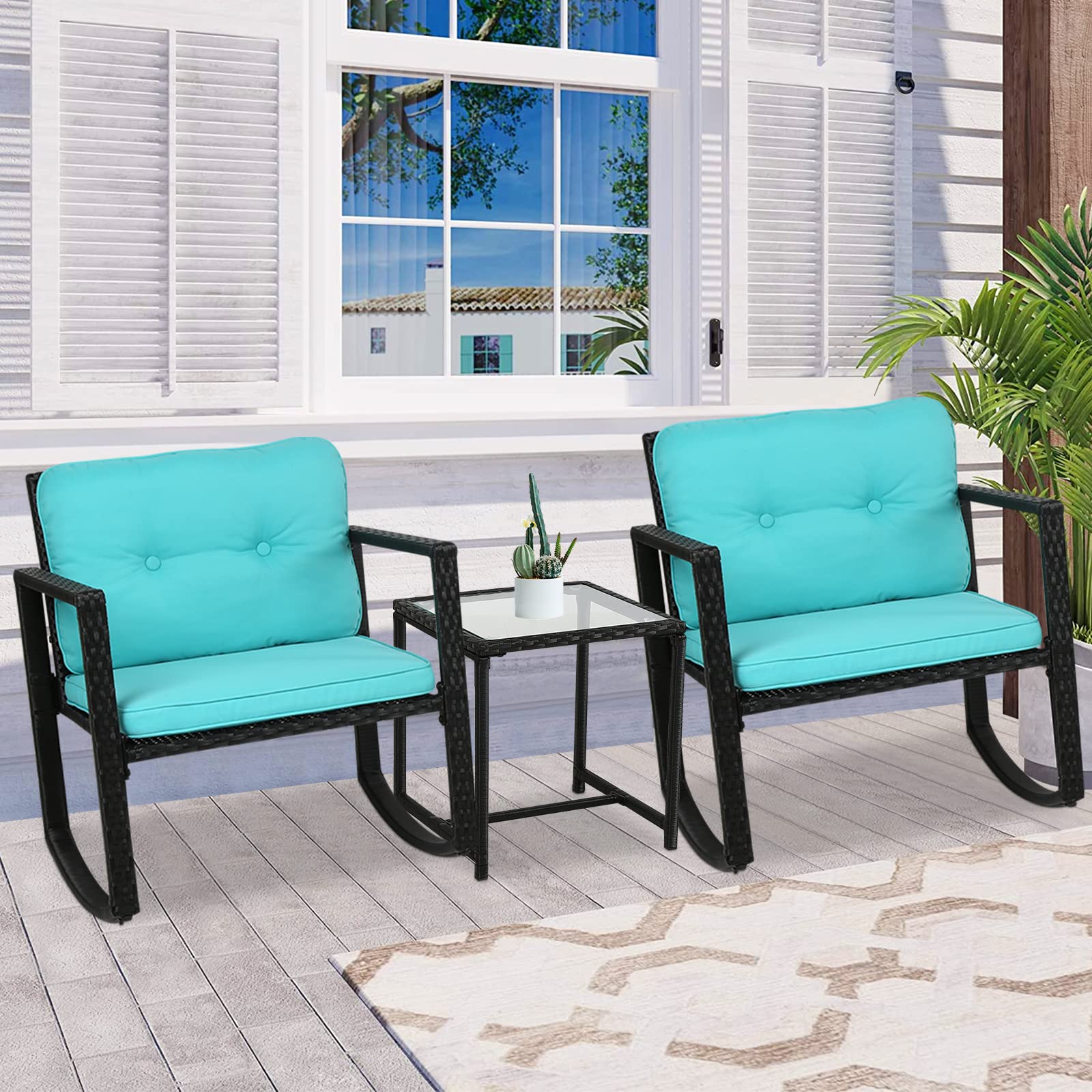 3-Piece Rocking Patio Set - Modern Wicker Rattan Outdoor Furniture with Coffee Table & Beige Cushions - Perfect for Backyard, Porch, Poolside, Lawn, Garden & Patio (Blue) - Ideal for Relaxing, Entertaining & Outdoor Dining
