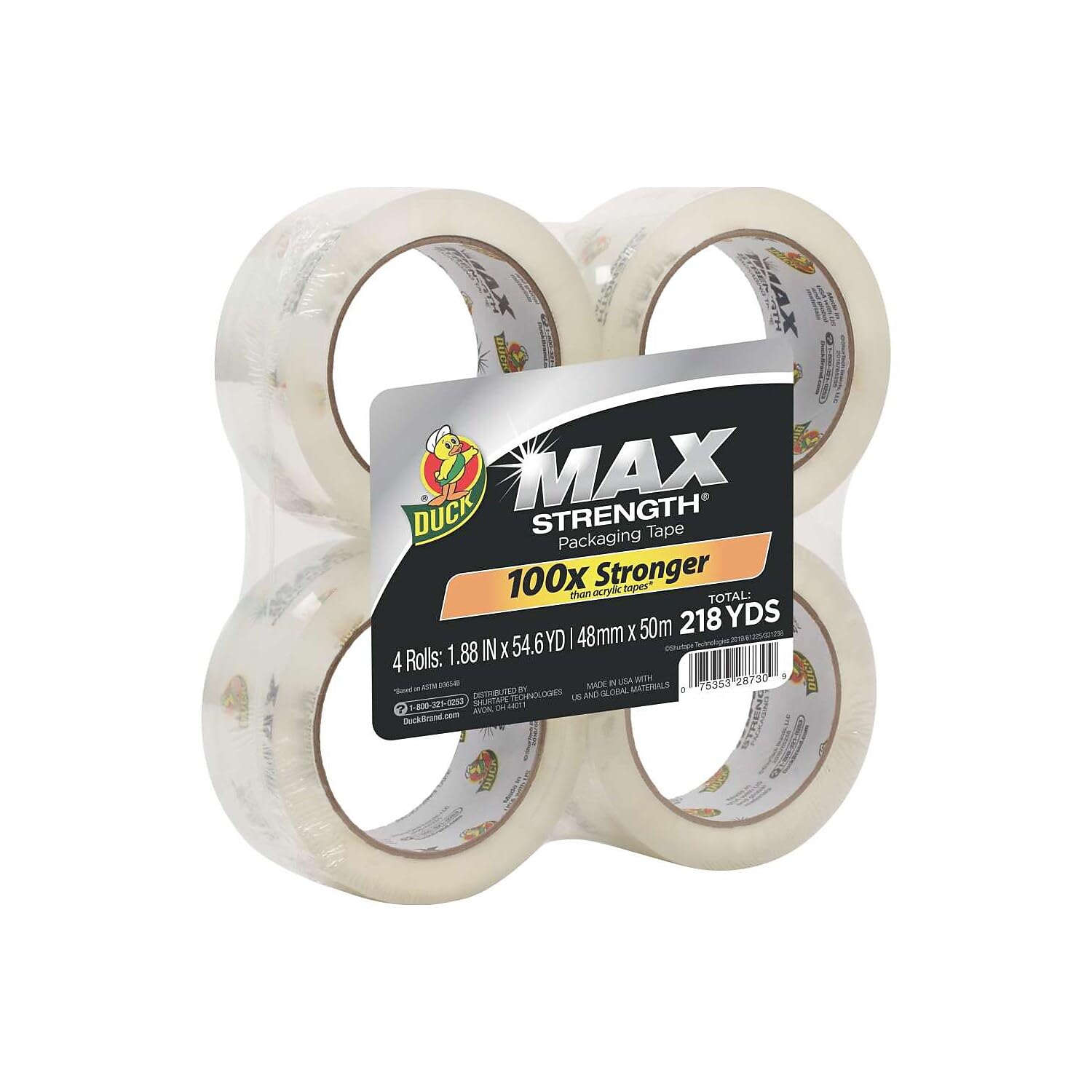 Duck Max Strength Clear Packing Tape Refills - 4 Rolls Heavy Duty Shipping Tape for Moving & Packaging, 1.88
