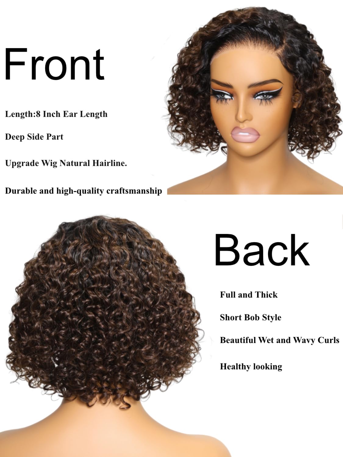 UNICE 8 Inch Short Curly Bob Wig - 100% Human Hair Glueless Wig with Bye Bye Knots, Pre Plucked & Bleached Knots, 7x5 Lace Closure - Ombre Brown Ready-to-Wear Bob Wig for Daily Wear, Cosplay & Special Occasions