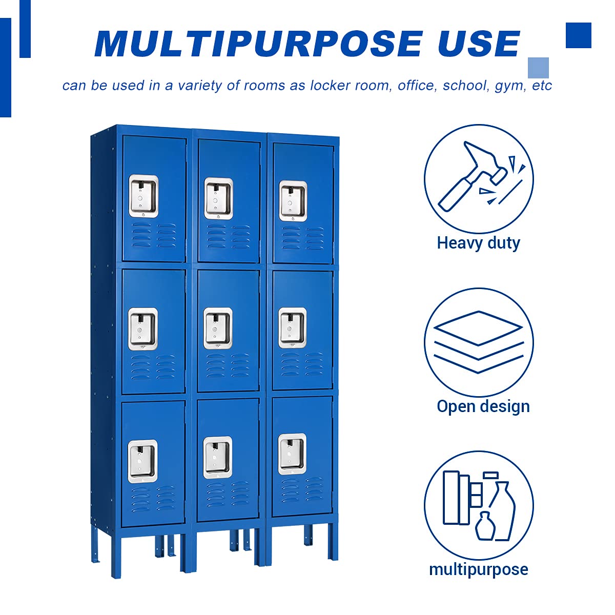 3-Tier Steel Metal Locker for Employees - Office Storage Lockers with 3 Doors, Blue | School Gym, Home & Office Organization Solution