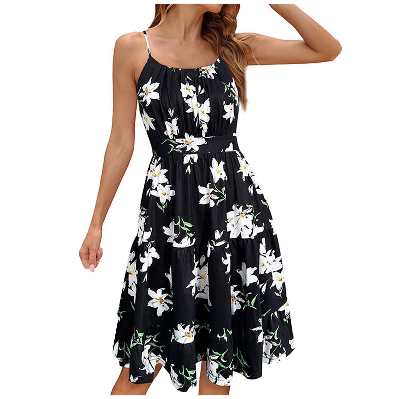 Longyy Women's Elegant Crew-Neck Floral Print Dress - Sexy Sling Backless Sleeveless Pleated Swing Summer Dress for Beach Vacation, Party & Date Night