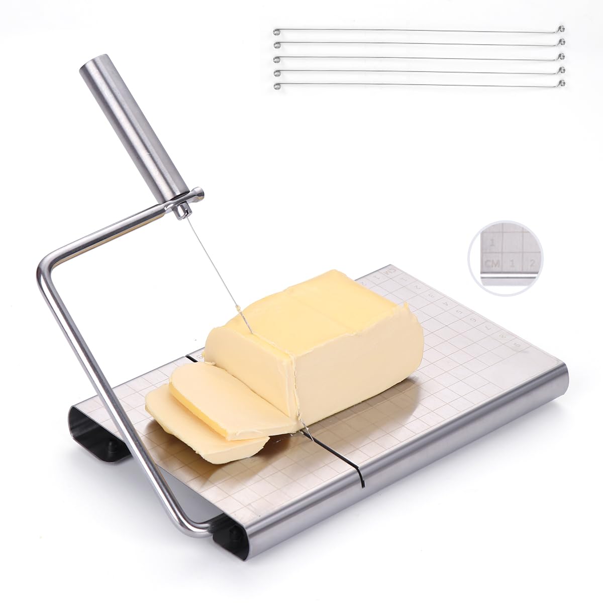 Premium Stainless Steel Cheese Slicer with Wire Cutter - Heavy Duty Cheese Board for Block Cheese, Includes 3 Extra Replacement Wires - Perfect for Kitchen, Party Platters & Charcuterie Boards