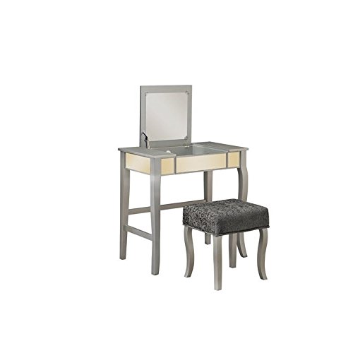 Pemberly Row Silver Bedroom Vanity Set with Mirror & Stool - Elegant Dressing Table for Makeup, Jewelry Organization & Bedroom Decor