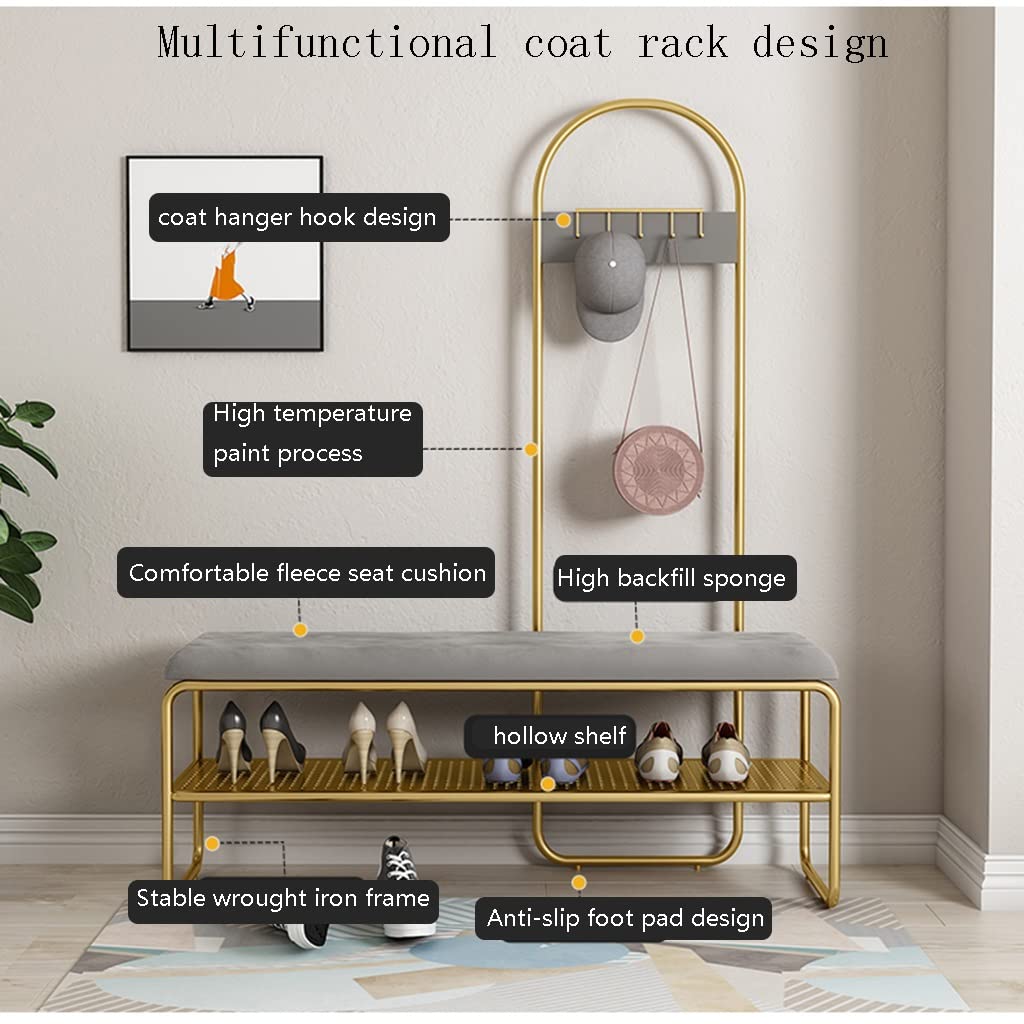 3-in-1 Entryway Coat Rack with Storage Bench & Shelf - Upholstered Seat Hall Tree for Living Room, Hallway - Gold & Grey Metal Frame (120x32x175cm) - Easy Assembly for Home Organization & Small Space Solution