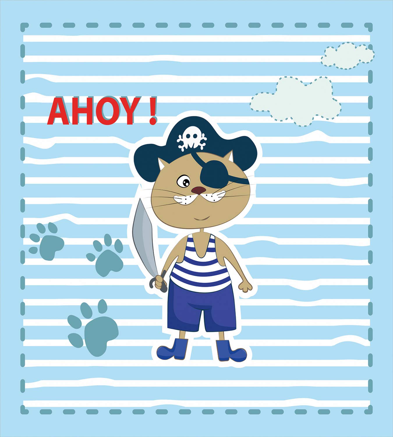 Ambesonne Cat Pirate Duvet Cover Set - Funny Paws & Clouds Maritime Striped Design, 2-Pack California King Size Bedding (Violet Blue Turquoise) for Themed Bedrooms, Pirate Party Decor, or Unique Gift Idea