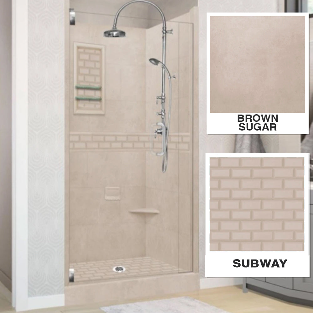 Alcove Brown Sugar Sistine Stone & Subway Tile Shower Remodel Kit - DIY Bathroom Renovation with Waterproof Peel and Stick Backsplash for Easy Home Improvement