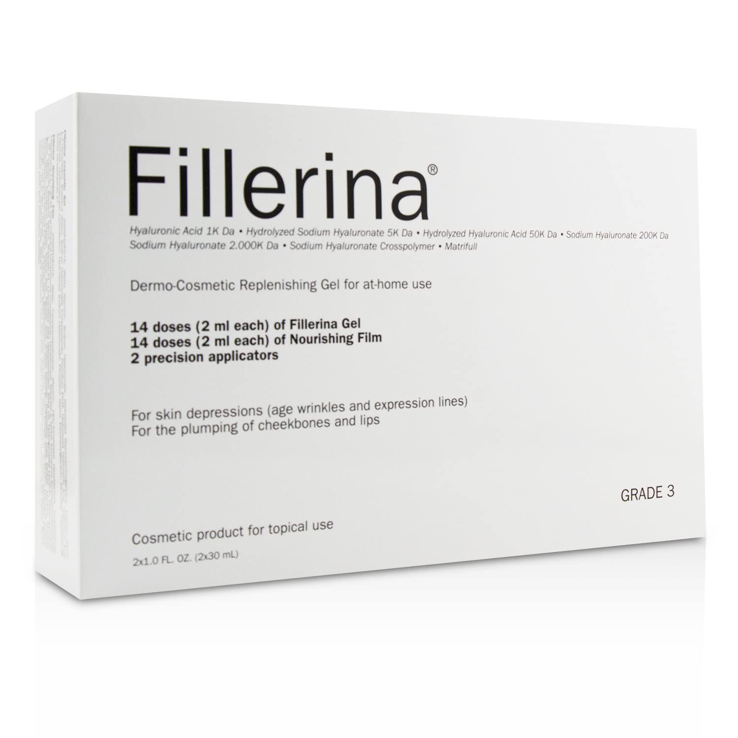Fillerina Dermo-Cosmetic Replenishing Gel for Face - Grade 3 Anti-Aging Treatment (2x30ml + 2 Applicators) | At-Home Wrinkle Reduction & Skin Hydration | Perfect for Night Routine & Dry Skin Care