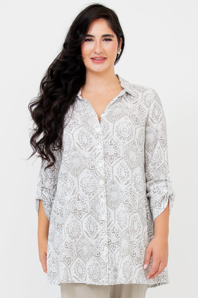 Celine Women's Mosaic Print Linen Bamboo Blouse - Elegant & Comfortable Top for Casual Wear, Office & Summer Outfits