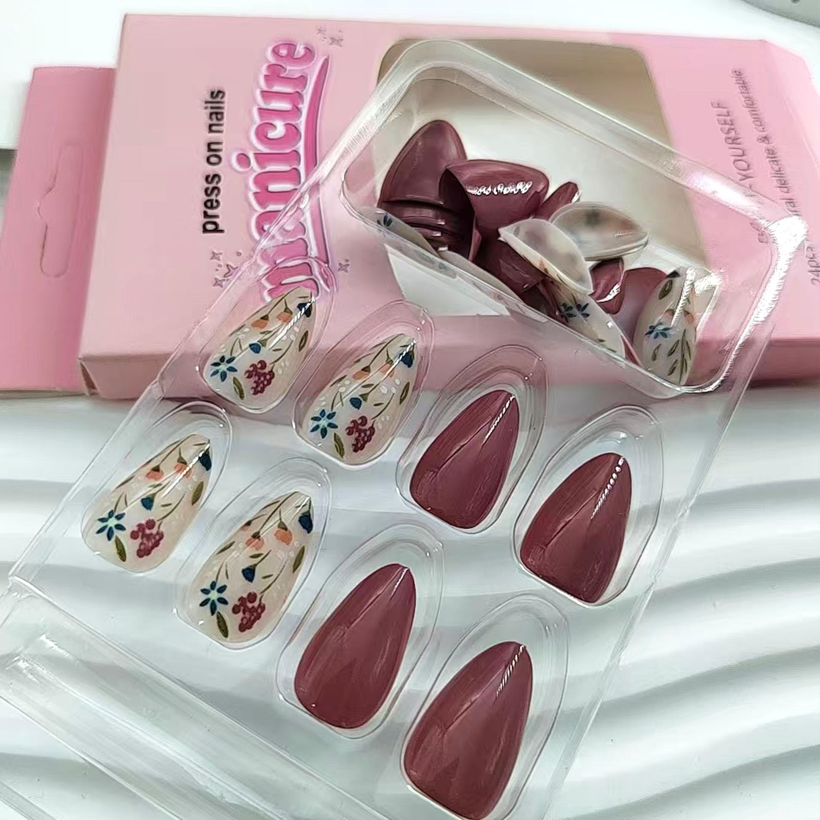 30 Pcs Almond Floral Press On Nails - Fall Acrylic Fake Nails with Cute Flower Designs, Full Cover Glossy Stick On Nails for Women & Girls | Perfect for Parties, Weddings, and Everyday Glam