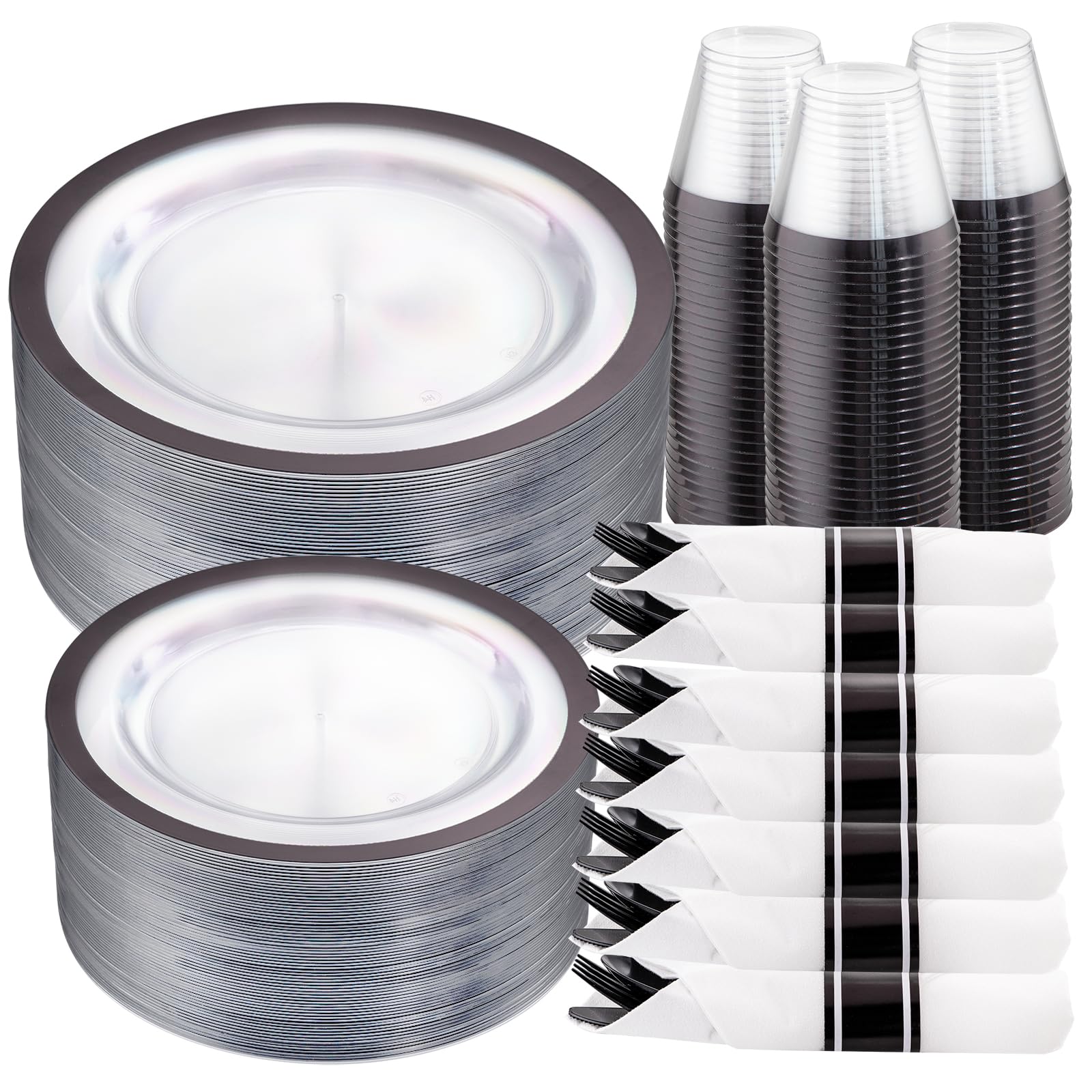 210-Piece Clear & Black Disposable Plastic Plates Set - 30 Dinner Plates, 30 Dessert Plates, 30 9oz Cups & 30 Pre-Rolled Napkins with Cutlery for New Year Parties, Birthday Celebrations & Family Gatherings