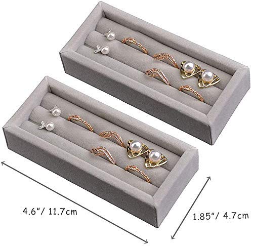 DesignSter Small Jewelry Tray - 2PCS Velvet Ring Organizer & Stackable Jewelry Display Tray, Jewelry Drawer Organizer Inserts for Dresser and Jewelry Box (Gray) - Perfect for Bedroom, Bathroom, Vanity and Travel Accessory Storage