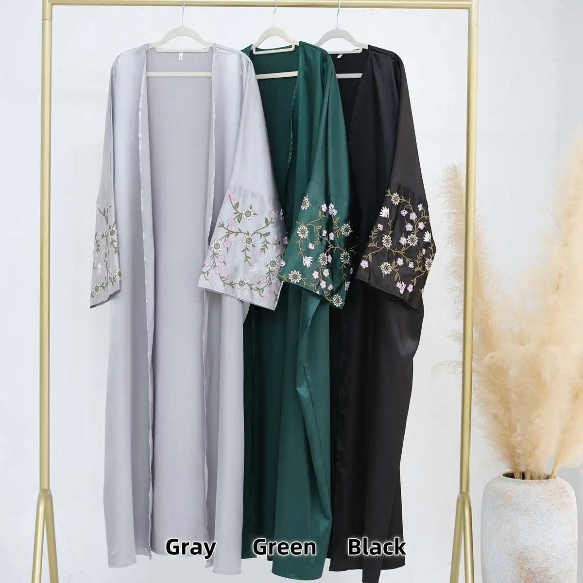 Elegant Floral Embroidery Satin Cardigan Abaya Dress - Lightweight Open Front Kimono Cover Up for Women - Perfect for Prayer, Mosque, Wedding & Special Occasions