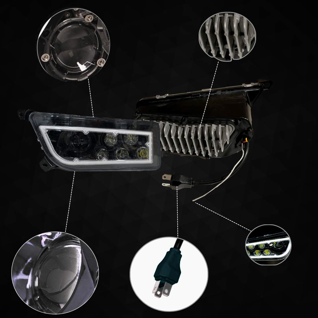 SLK-Lights RZR LED Headlight Kit - Compatible with Polaris General & RZR 900s/1000 XP Turbo (2015-2021 Models) - Black Halo Design - High Brightness Off-Road Lighting for Night Trail Riding & Dune Bashing
