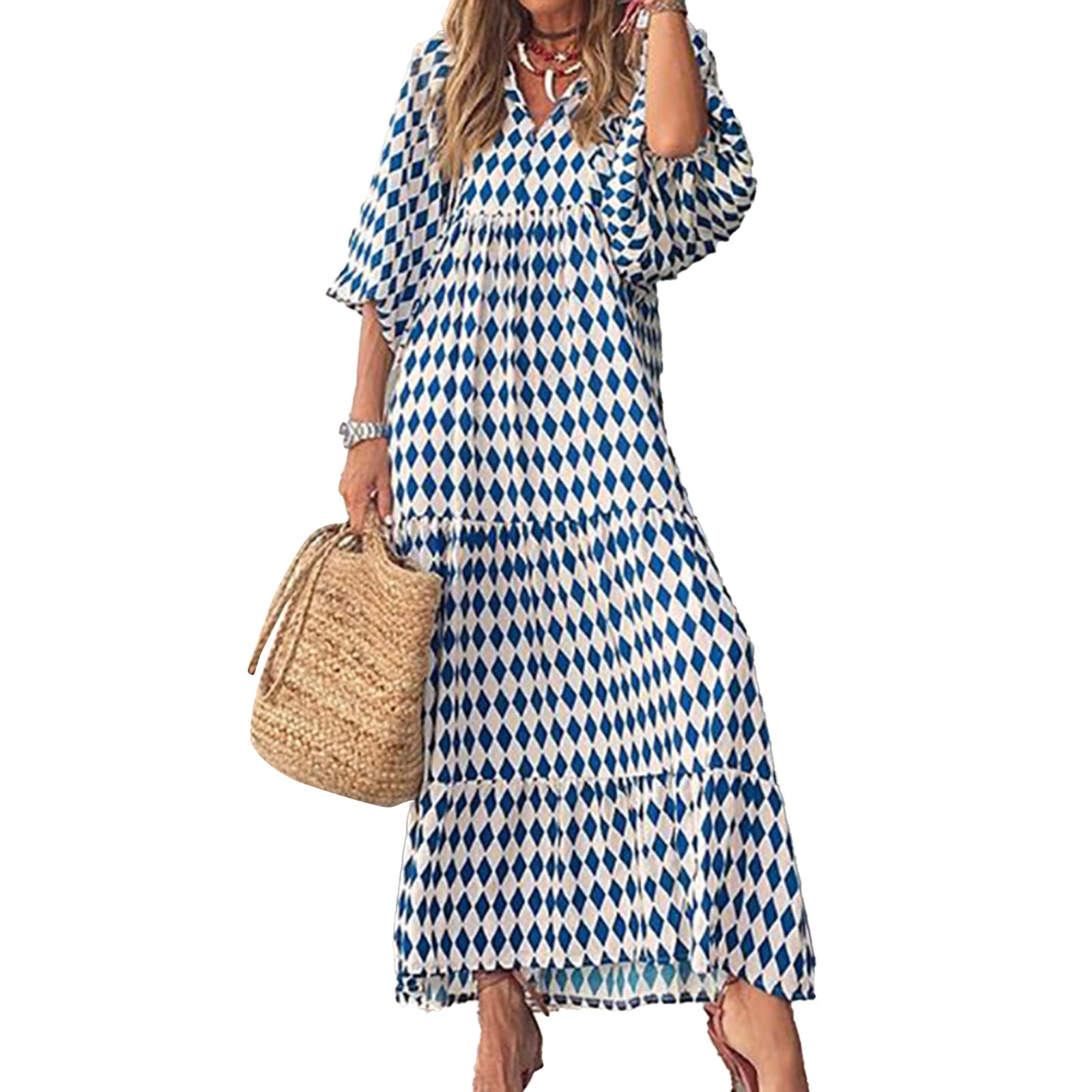 NUFIWI Women's Summer Boho Floral Print V-Neck Maxi Dress with Puff Sleeves - Smocked Waist Tiered Flare Sundress for Beach, Vacation & Casual Outings