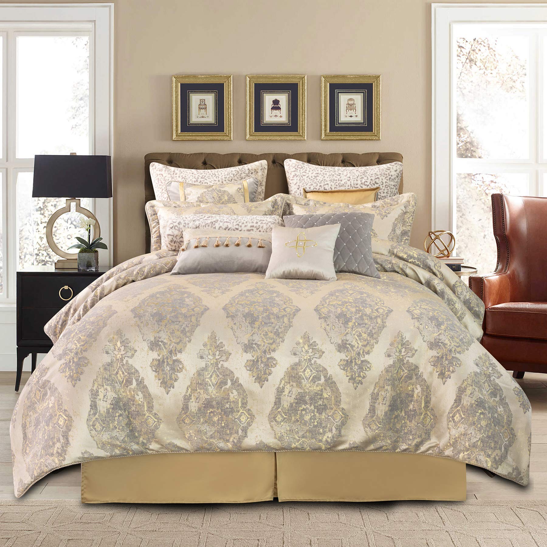 Loom and Mill 13-Piece Jacquard Damask Comforter Set King Size - Luxury Bedding Set with Comforter, Bed Skirt, Euro Shams & Decorative Pillows - All Season Beige Bed in a Bag - Perfect for Master Bedroom, Guest Room & Hotel Decor