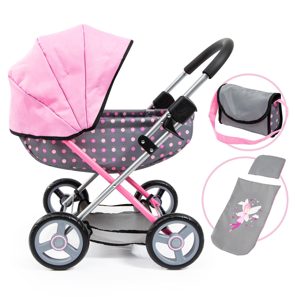 Bayer Design Fairy Polka Dot Doll Stroller Grey & Pink with Accessories - Perfect for Pretend Play, Nursery Decor & Gift for Toddlers