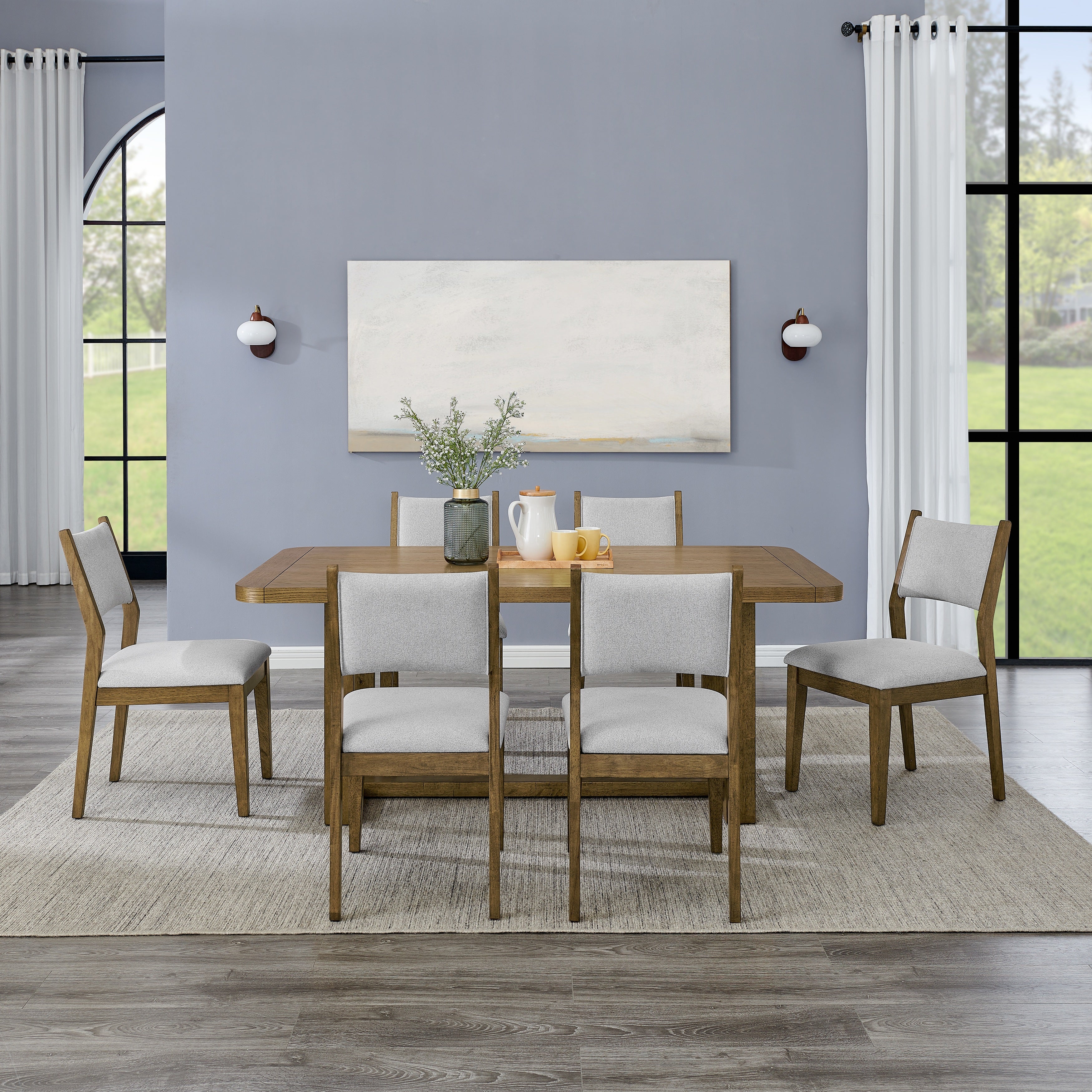 Roundhill Furniture Parker 7-Piece Dining Set - Light Oak Trestle Table with 6 Upholstered Chairs | Perfect for Family Dinners, Entertaining Guests & Kitchen Dining Rooms