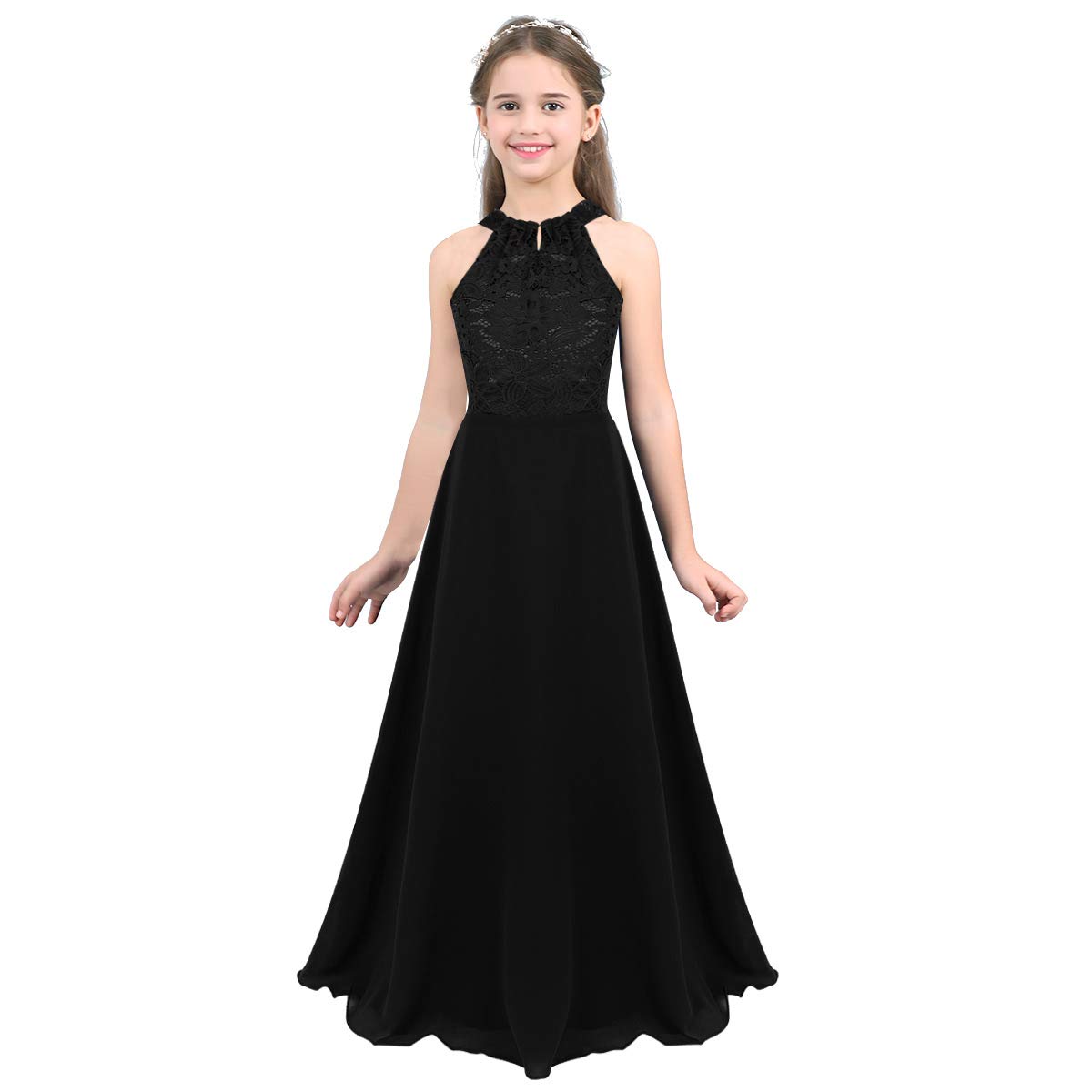 MSemis Girls' Princess Halter Neck Floor-Length Lace Chiffon A-Line Junior Bridesmaid Dress - Perfect for Weddings, Formal Dances & Special Occasions