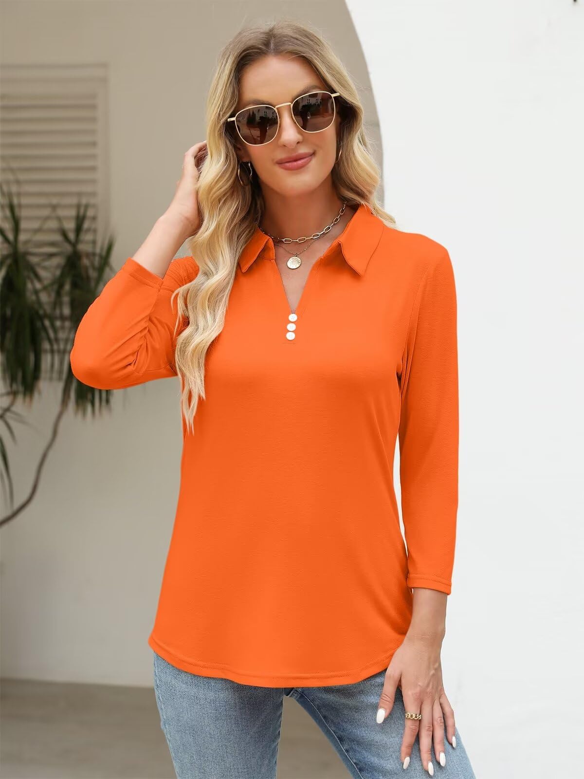 ORANDESIGNE Women's 3/4 Sleeve V-Neck Polo Shirt - Casual Summer Button Down Top - Breathable Cotton Tee for Work, Golf & Everyday Wear