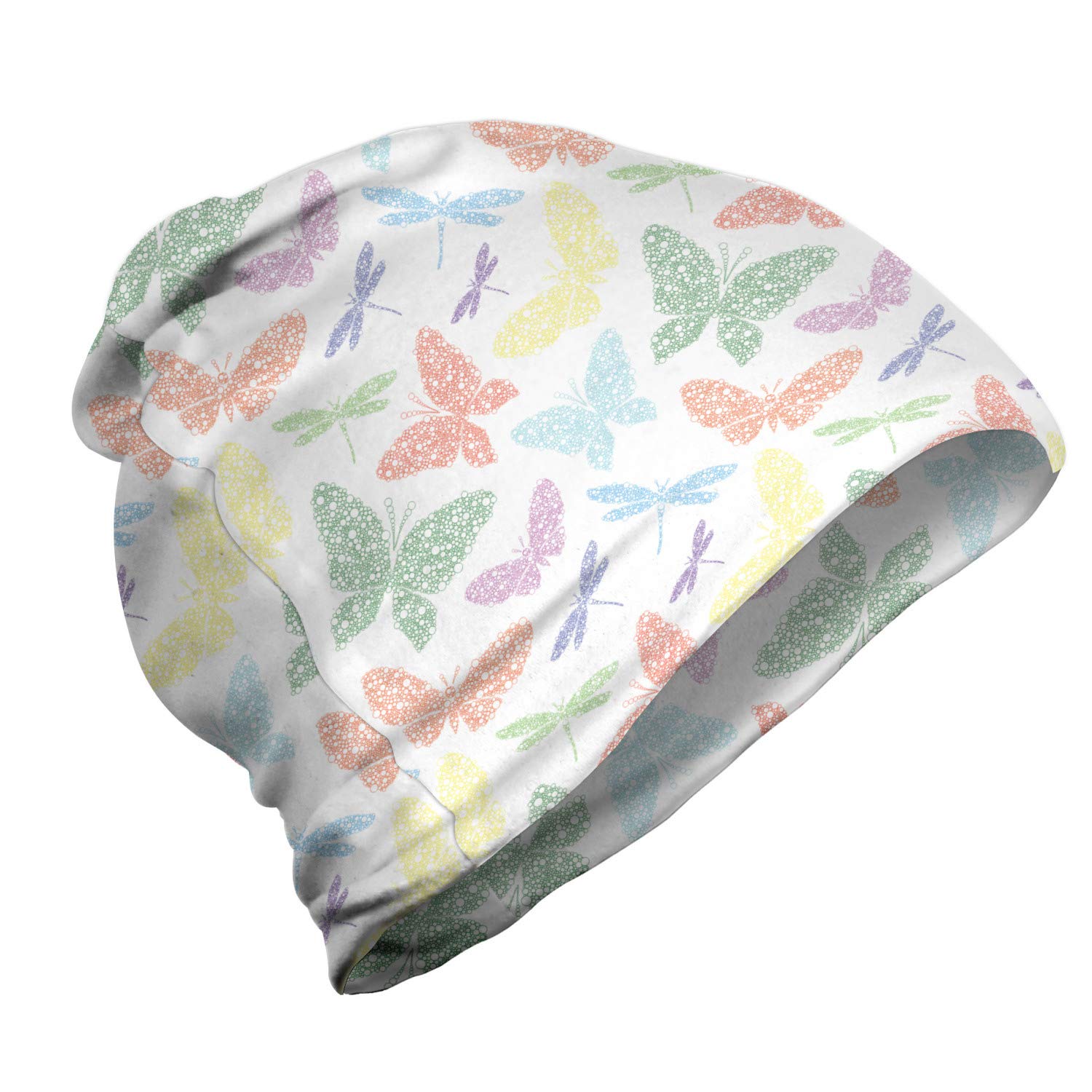Ambesonne Unisex Winter Beanie Hat with Butterfly & Dragonfly Print - Soft Knit Skull Cap for Men & Women - Perfect for Hiking, Camping & Outdoor Activities