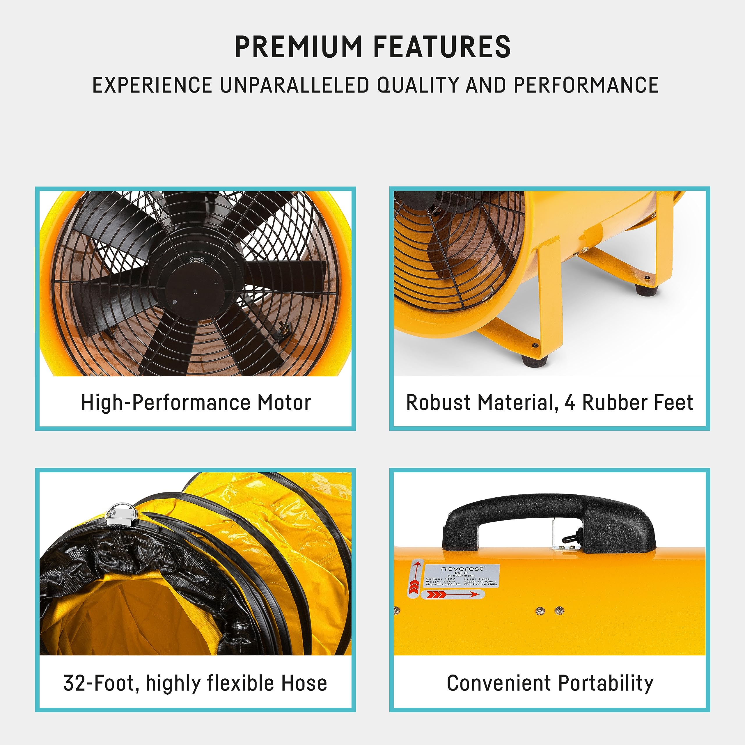 Neverest® 12-Inch High-Power 4100 CFM Industrial Blower Fan with 32ft Hose - Heavy Duty Portable Exhaust Fan for Construction Sites, Workshops, Garages & Job Sites - Perfect for Ventilation, Dust Removal & Air Circulation