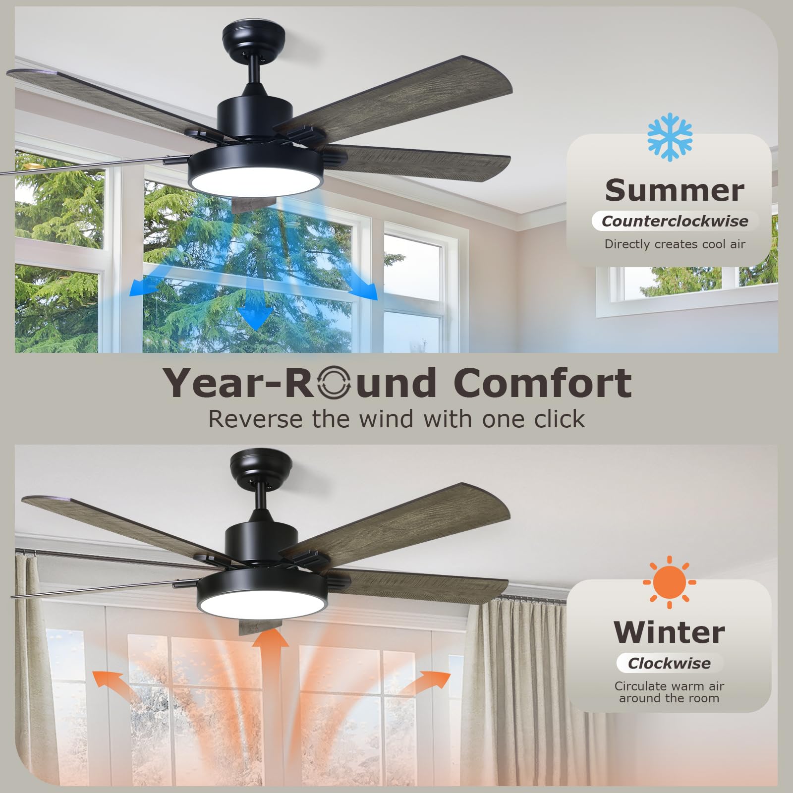 52 Inch Modern Ceiling Fan with Lights & Remote Control - Double-sided Blades, 24db DC Reversible Motor, Dimmable for Bedroom & Living Room (Honey Pine & Black) - Perfect for Home Cooling & Stylish Decor