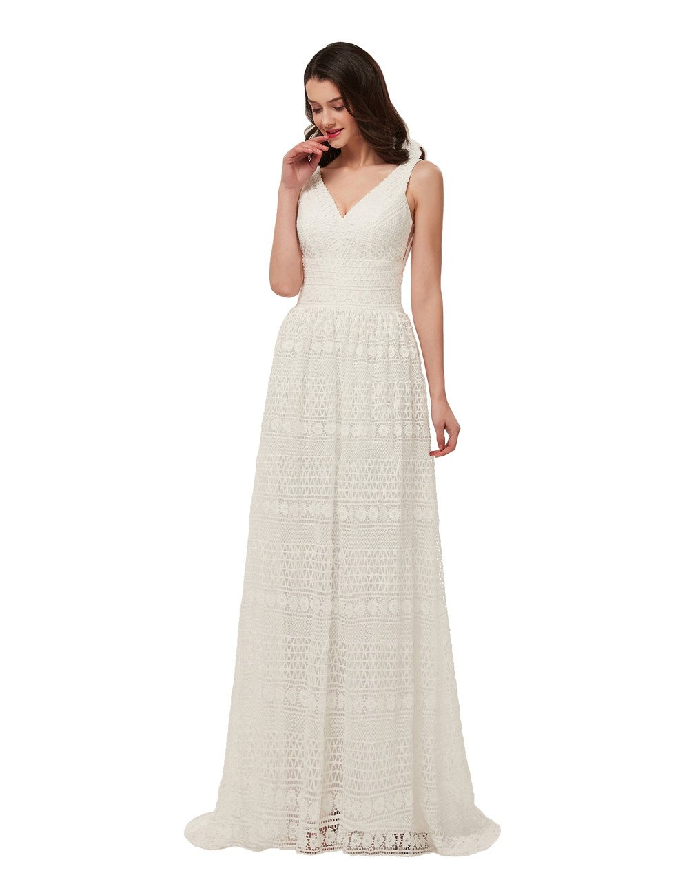 Elegant Women's Sexy V-Neck Long Prom Dress A-Line Lace Beach Wedding Gown - Perfect for Evening Parties, Beach Weddings & Formal Occasions