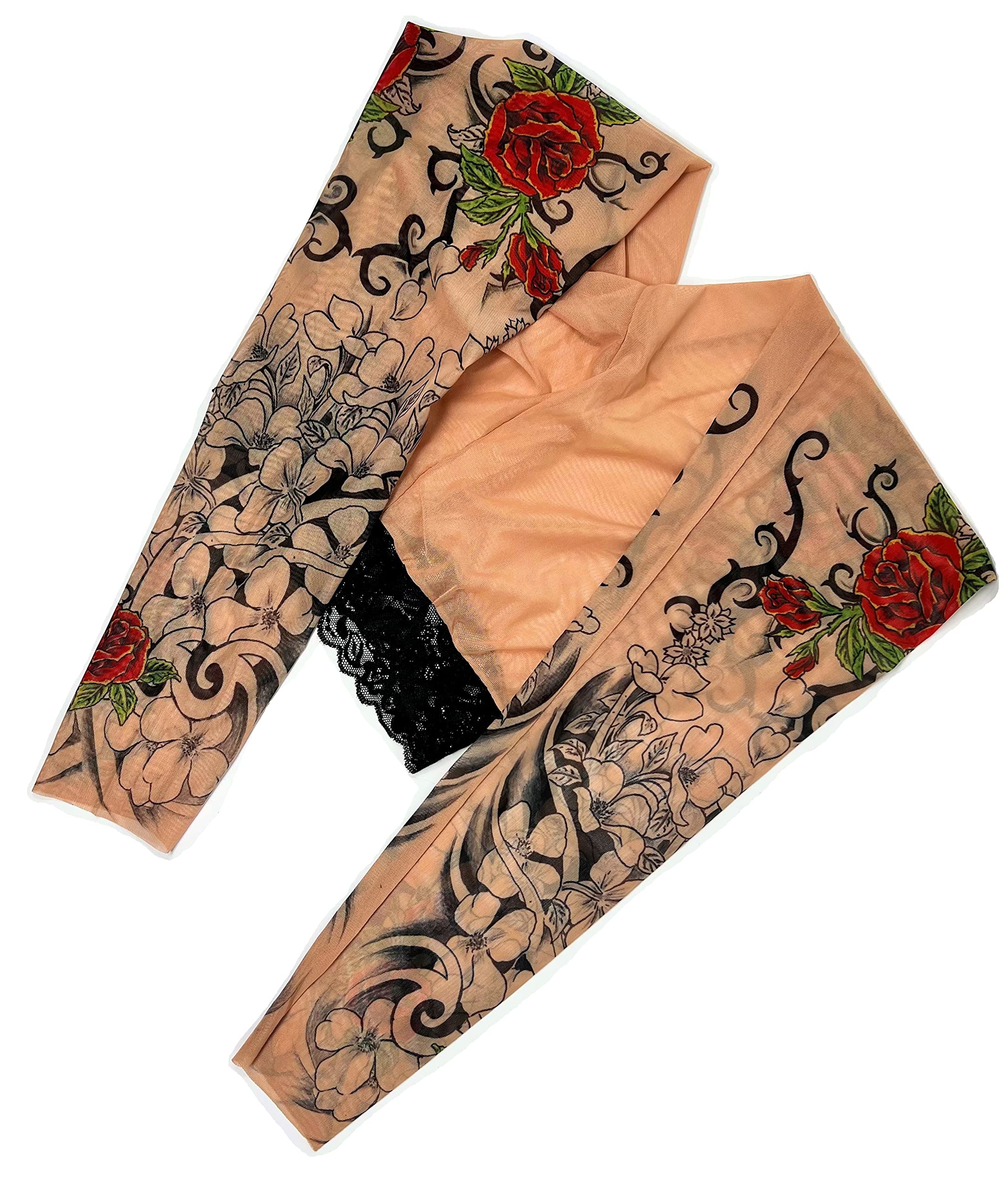 Wild Rose Flamenco Tattoo Mesh Leggings for Women - Red Rose Blackwork Design in Tan | Perfect for Dance Performances, Yoga & Boho Fashion