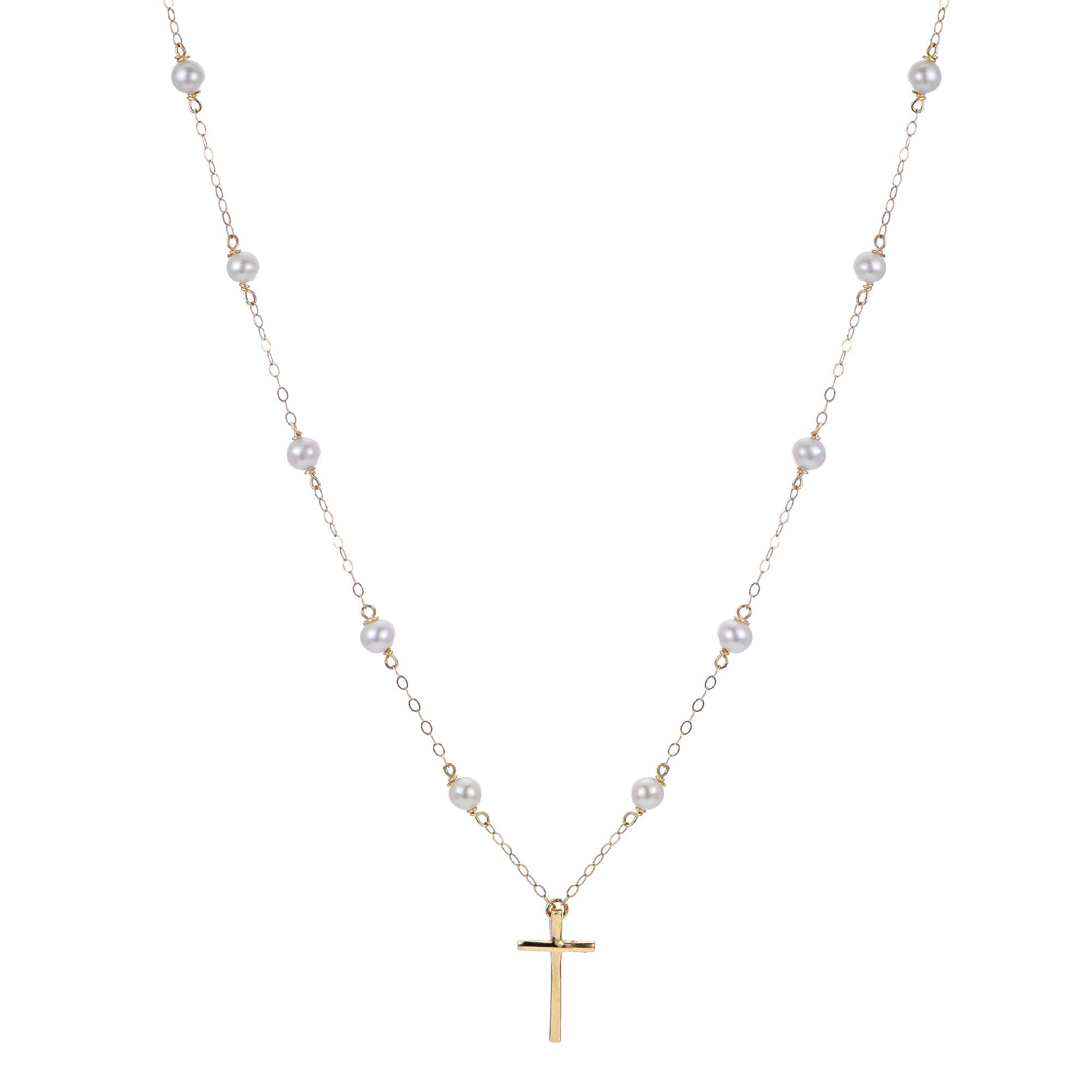 4mm Freshwater Pearl & 14K Yellow Gold Cross Necklace for Kids - Elegant Gift for Baptism, First Communion & Special Occasions