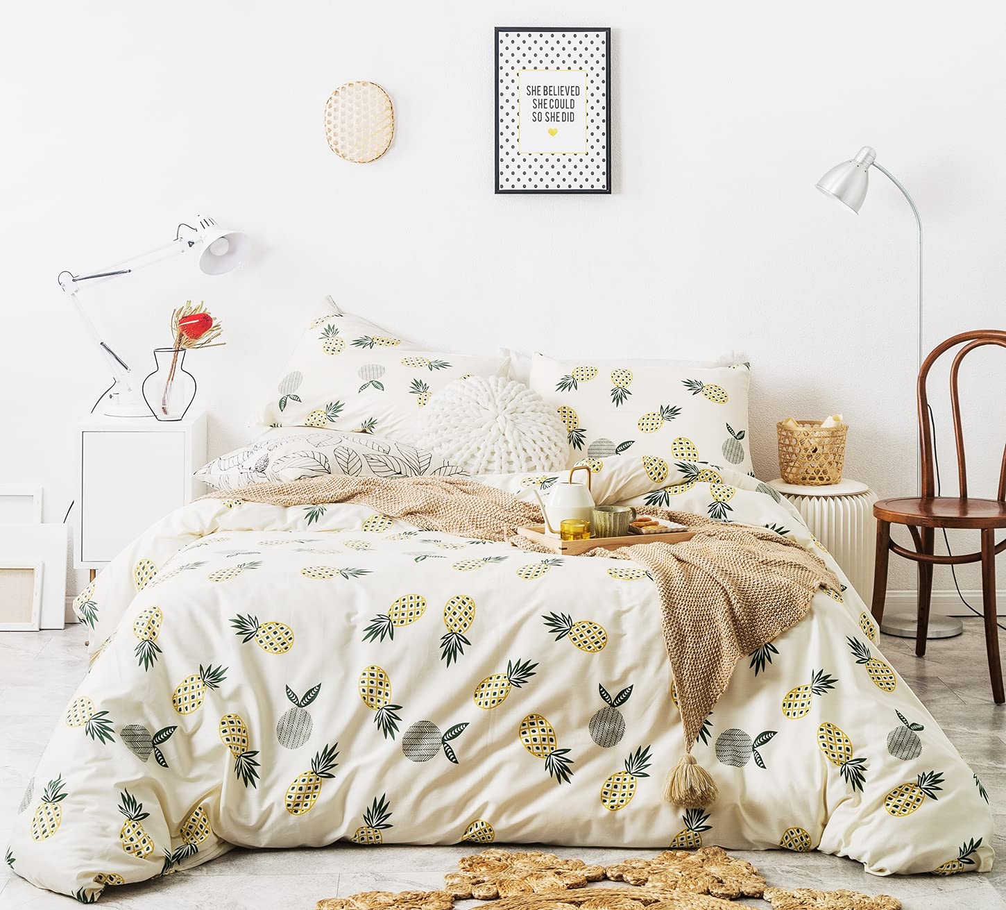 YuHeGuoJi Beige Pineapple Duvet Cover King Size - 100% Cotton 3-Piece Farmhouse Tropical Botanical Bedding Set with Zipper & Ties | Soft Cute Fruit Pattern for Bedroom, Guest Room & Vacation Home Decor
