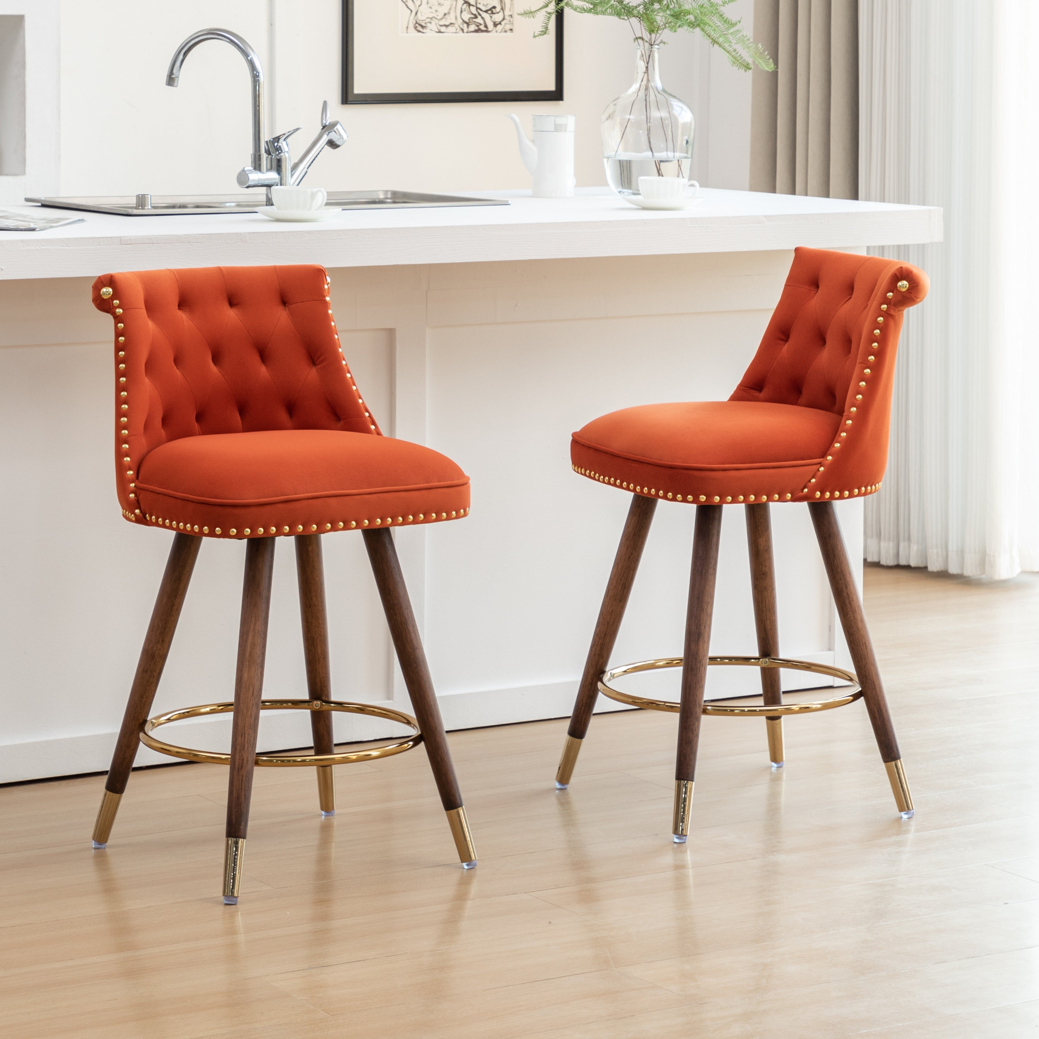 Roundhill Furniture Elvara Set of 2 Button Tufted Counter Stools with Nailhead Trim - Modern Kitchen Bar Stools for Breakfast Nook, Kitchen Island & Home Decor