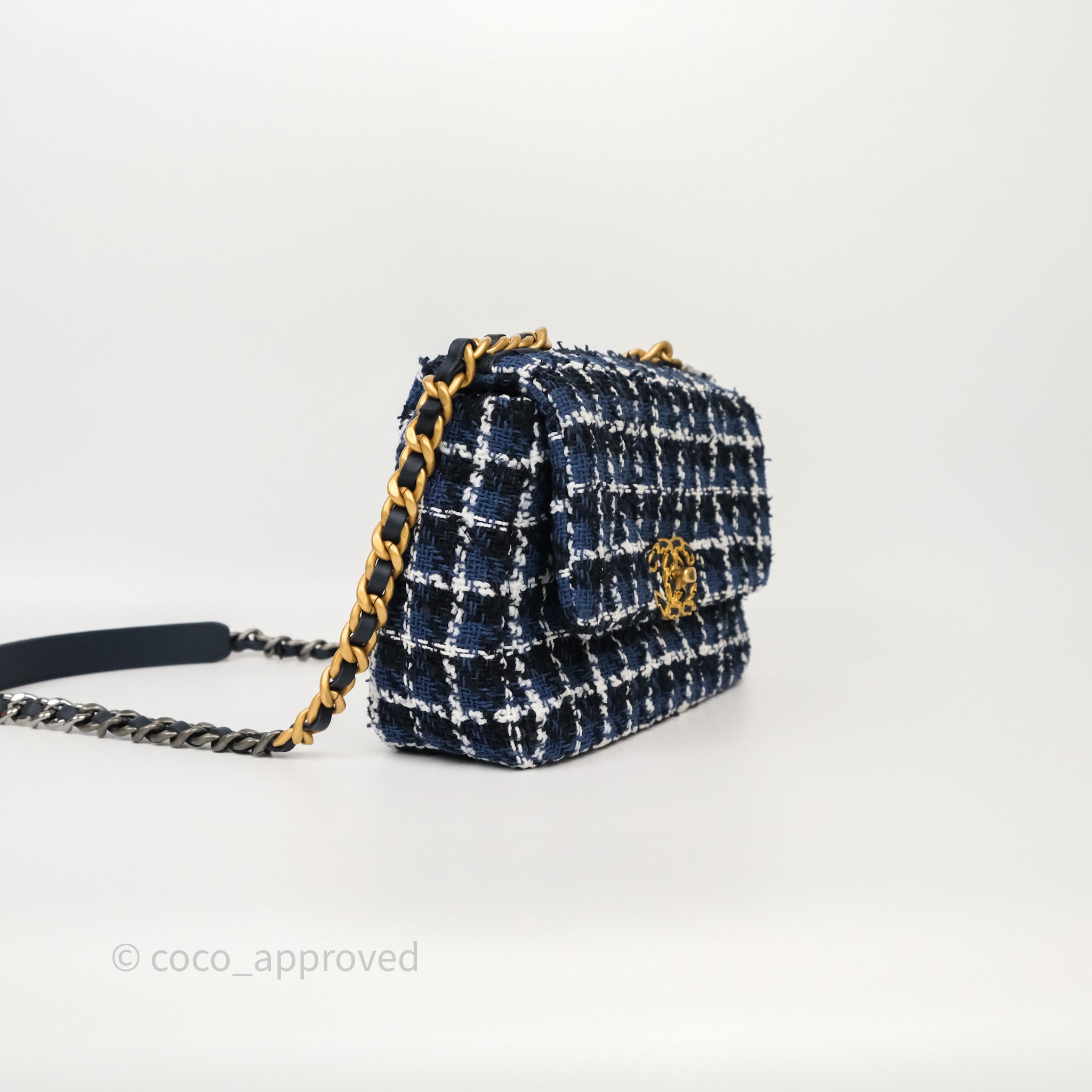 Chanel 19 Small Handbag in Blue, White & Black Grid Tweed with Mixed Hardware - Perfect for Work, Travel & Evening Events