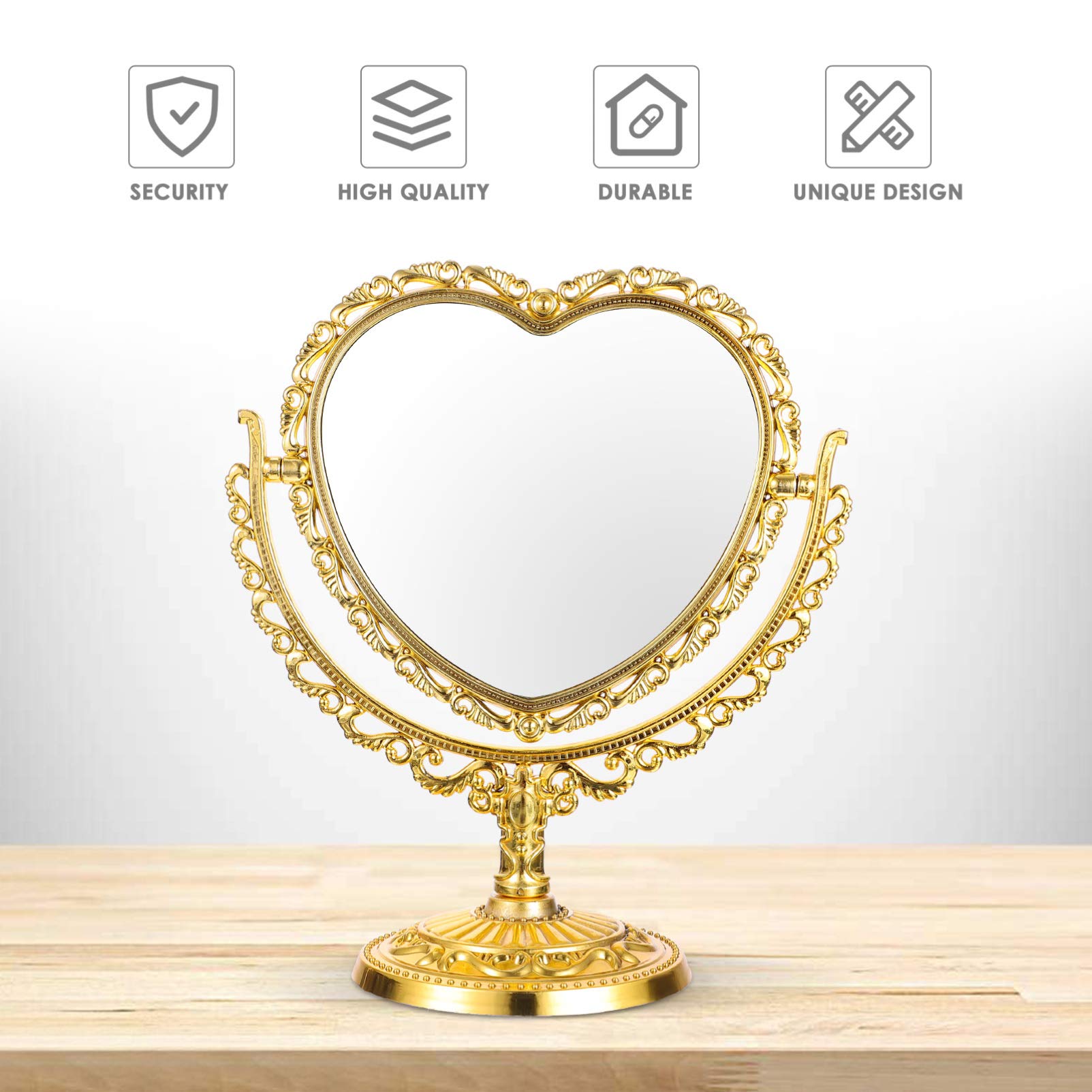 Beaupretty Coquette Heart-Shaped Vanity Mirror - 360° Rotating Two-Sided Tabletop Makeup Mirror with Stand, Retro Gold Cosmetic Mirror for Dressing Table & Bedroom Decor