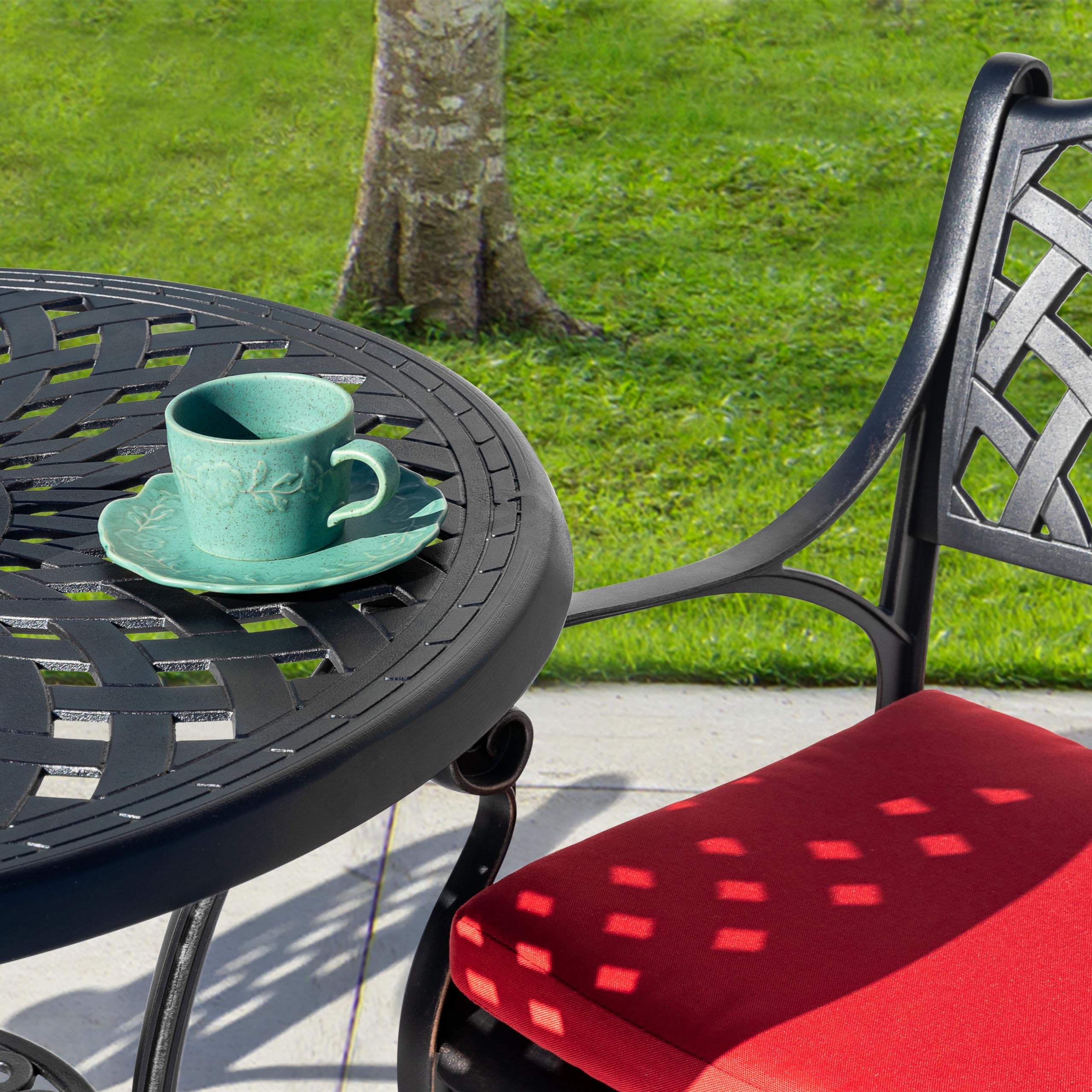 NUU GARDEN 3-Piece Outdoor Bistro Set - Cast Aluminum Patio Table & Chairs with Umbrella Hole & Red Cushions - Rustproof Black Garden Furniture for Backyard, Balcony, Front Porch - Perfect for Outdoor Dining, Relaxing & Entertaining