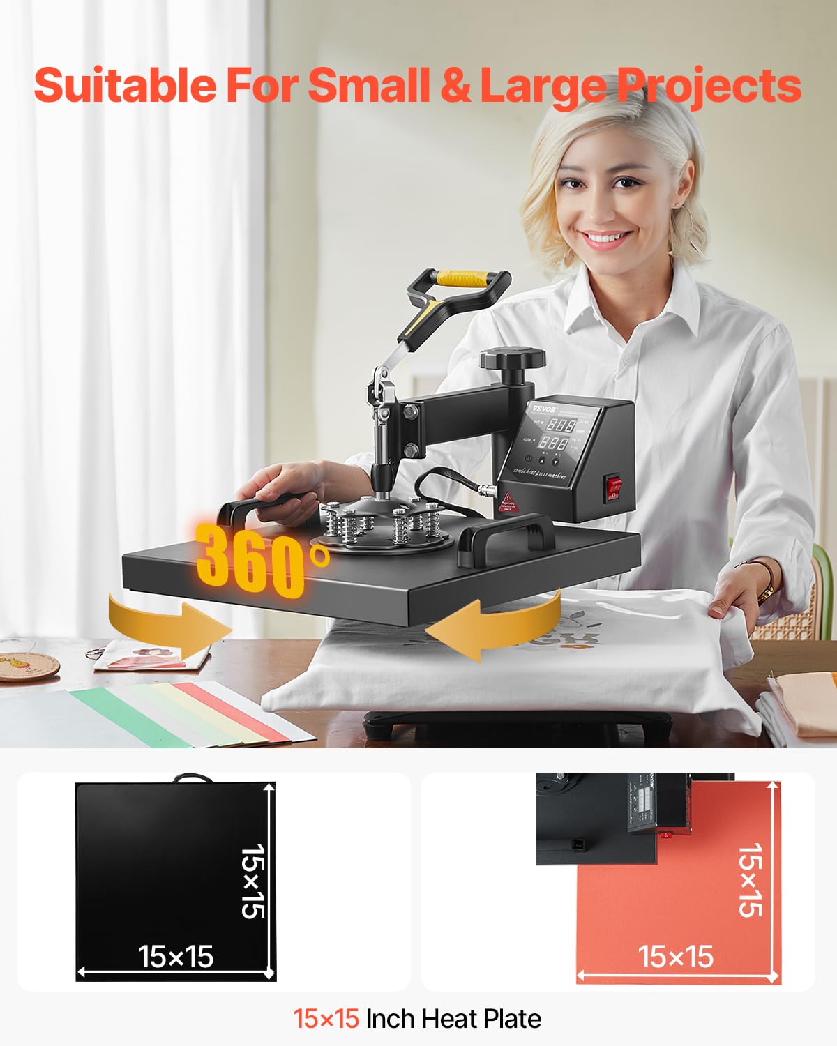 VEVOR 2 in 1 Digital Heat Press Machine 15x15 Inch - Professional Swing Away T-Shirt & Hat Heat Press for Sublimation, Vinyl & Heat Transfer - Perfect for DIY Crafts, Custom Apparel & Small Business Printing