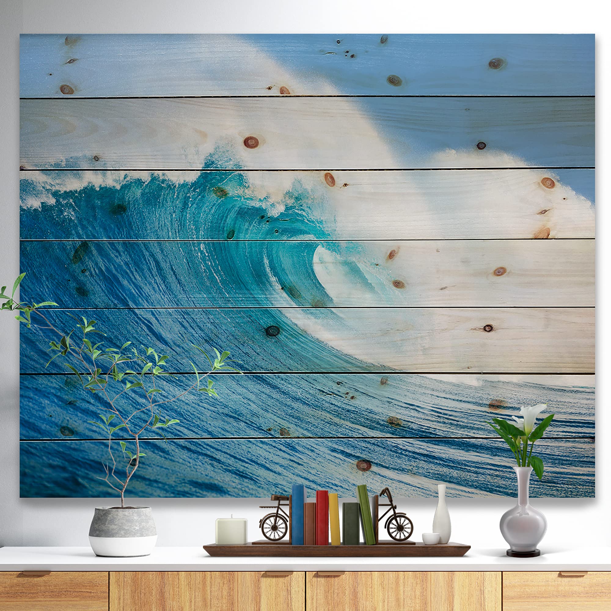 Blue Ocean Wave Nautical Wood Wall Art - Coastal Beach Decor Printed on Natural Pine Wood - Large Wooden Wall Panels for Living Room, Bedroom or Beach House Decoration