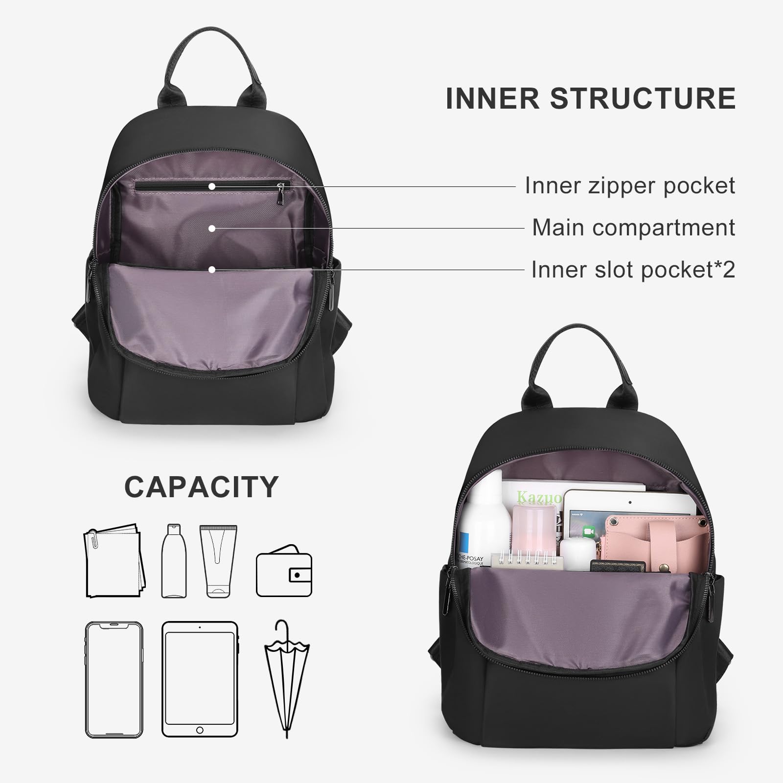 Mini Backpack for Women - Waterproof Nylon Travel Backpack with Anti-Theft Design & Multiple Pockets - Small Casual Daypack Shoulder Bag Purse for Work, School, Hiking & Daily Use (Black)