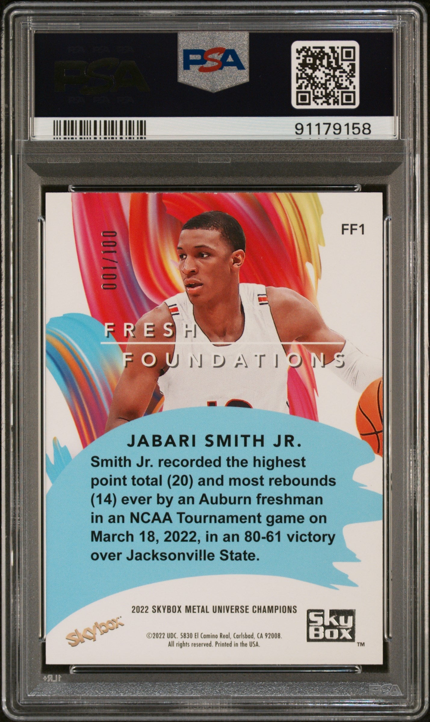 2022 Skybox Metal Universe Championship Fresh Foundations Red PMG Jabari Smith PSA 8 /100 - Rare Basketball Trading Card for Collectors & Investors - Perfect for Display, Gifts, and Portfolio Diversification