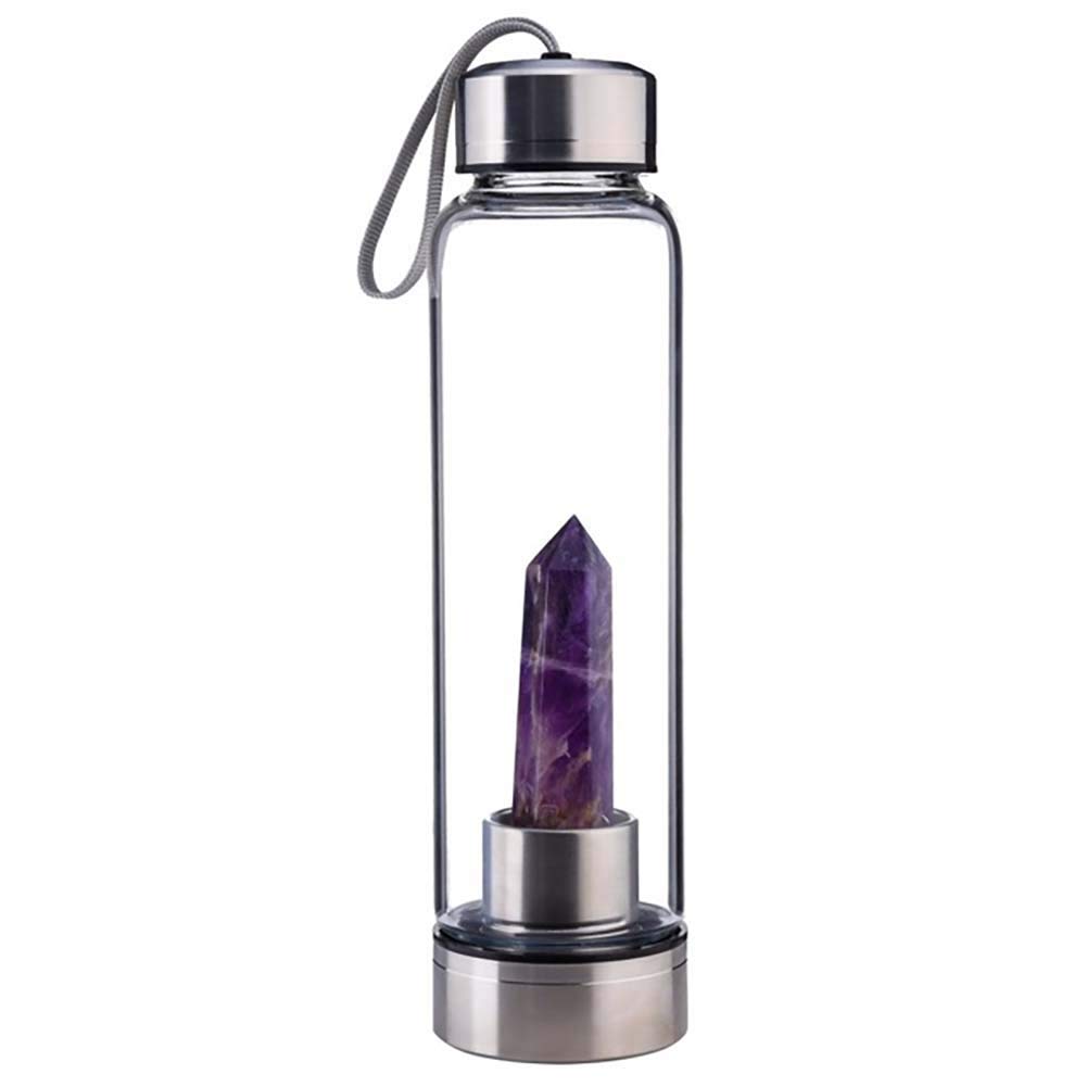 Natural Quartz Crystal Water Bottle with Healing Obelisk Wand - Infused Water Bottle for Energy & Wellness, Includes Travel Cup Bag - Perfect for Yoga, Meditation & Spiritual Practices