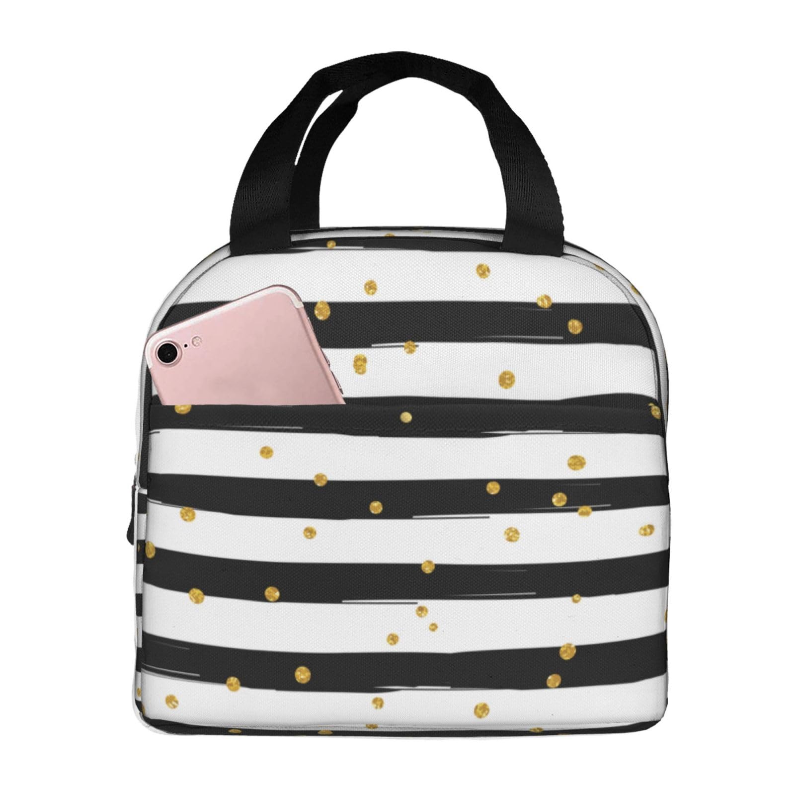 Black and White Striped Insulated Lunch Bag with Golden Polka Dots - Reusable Compact Tote Lunch Box for Women & Men - Perfect for School, Office, Work, Picnics and Outdoor Activities