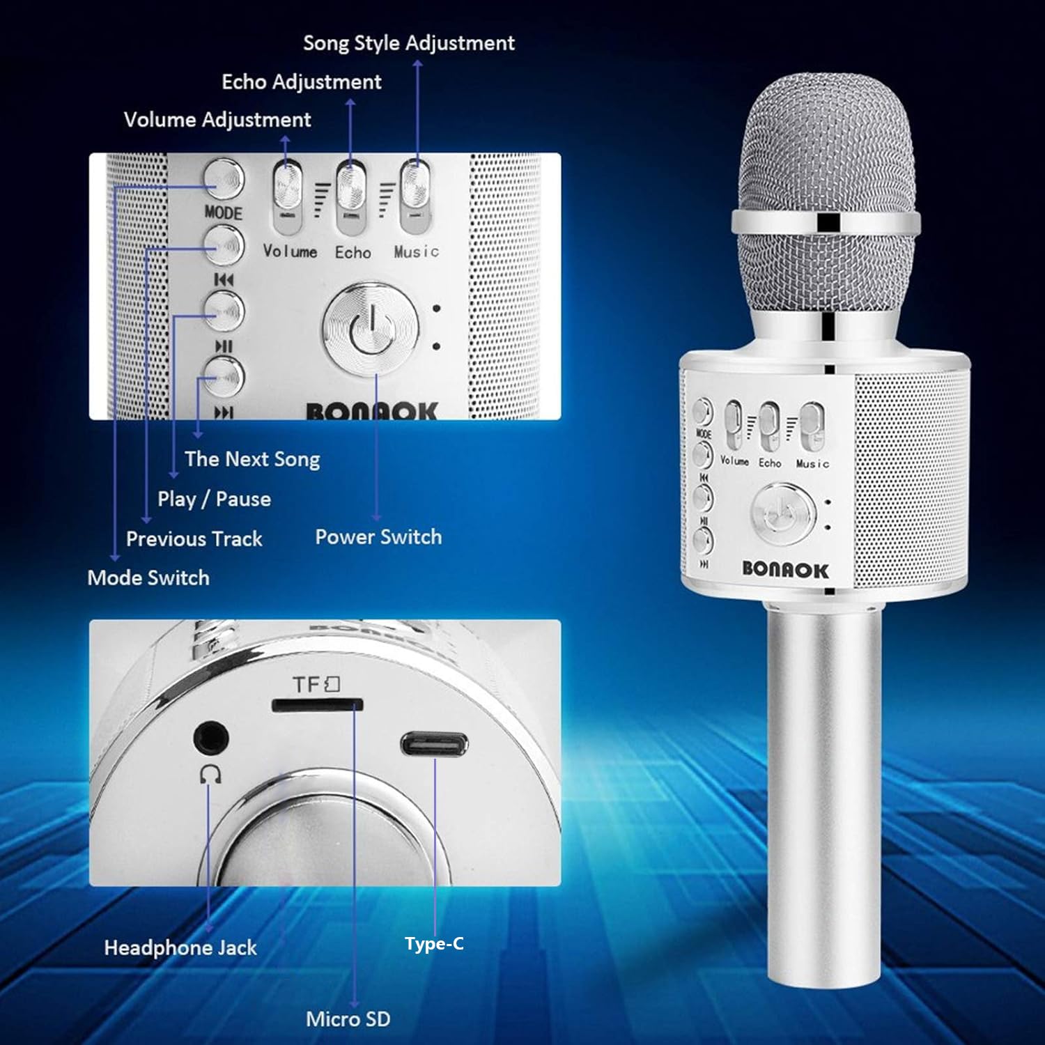 BONAOK Wireless Bluetooth Karaoke Microphone with Speaker - Portable 3-in-1 Handheld Mic for iPhone Android Smartphones, Perfect Gift for Kids Adults (Silver) - Ideal for Home Karaoke, Parties, Travel & Singing Practice