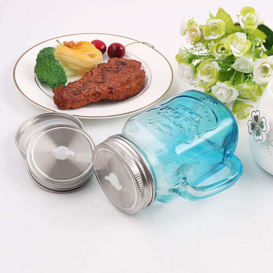 Stainless Steel Mason Jar Lids with Straw Hole - 6 Pack Regular Mouth Canning Lids for Drinking, Food Storage & Meal Prep - Perfect for Iced Coffee, Smoothies, Juice & DIY Mason Jar Crafts