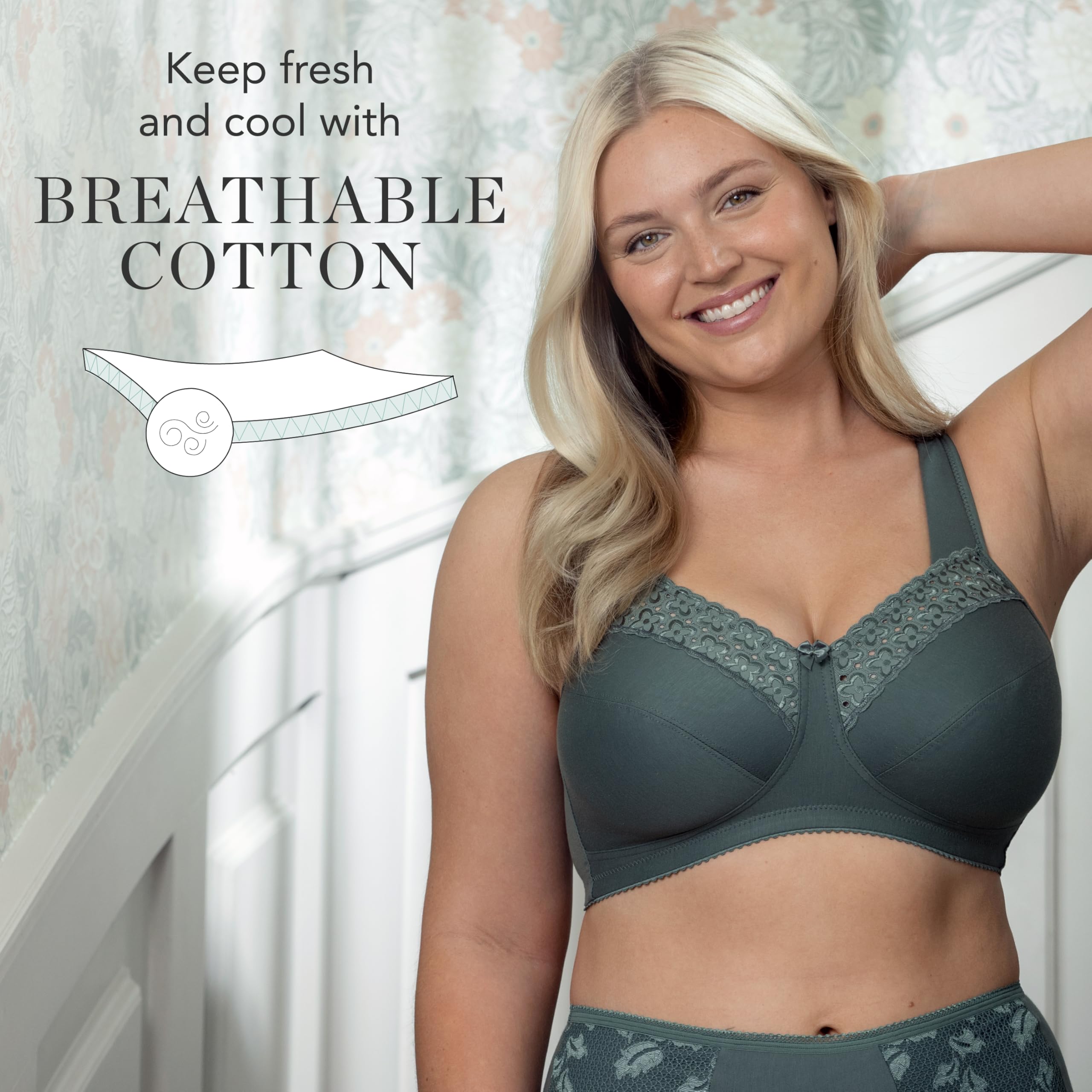 Miss Mary Women's Comfortable Cotton Non-Wired Bras - Full Coverage Support, Broderie Anglaise Design, Everyday Wear 38B Dusty Blue | Perfect for Work, Yoga & Relaxation