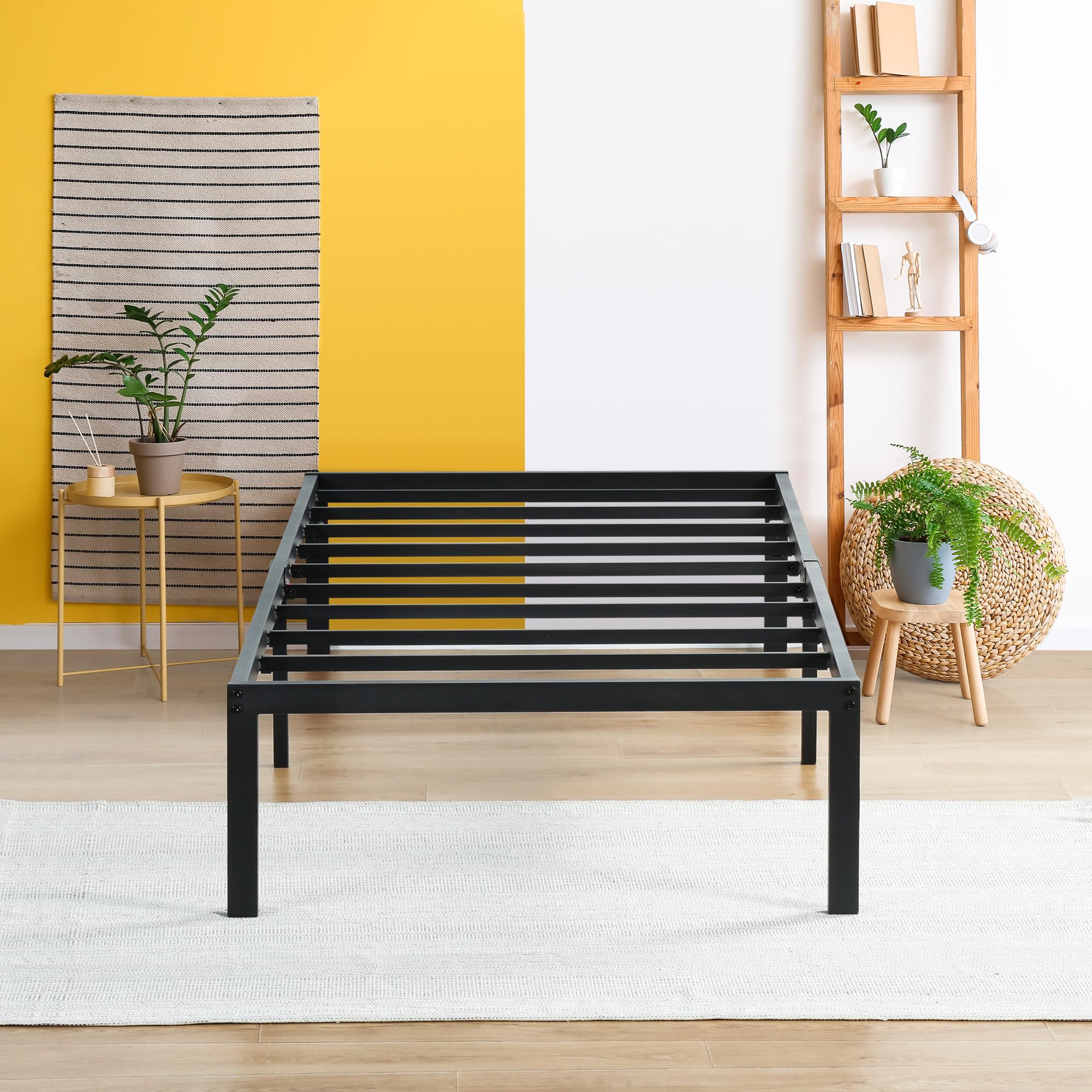 PrimaSleep 14 Inch Heavy Duty Steel Slat Anti-Slip Bed Frame - Noise Free Mattress Foundation with Maximum Storage, No Box Spring Needed - Twin Size Platform Bed for Small Spaces & Guest Rooms (Black)