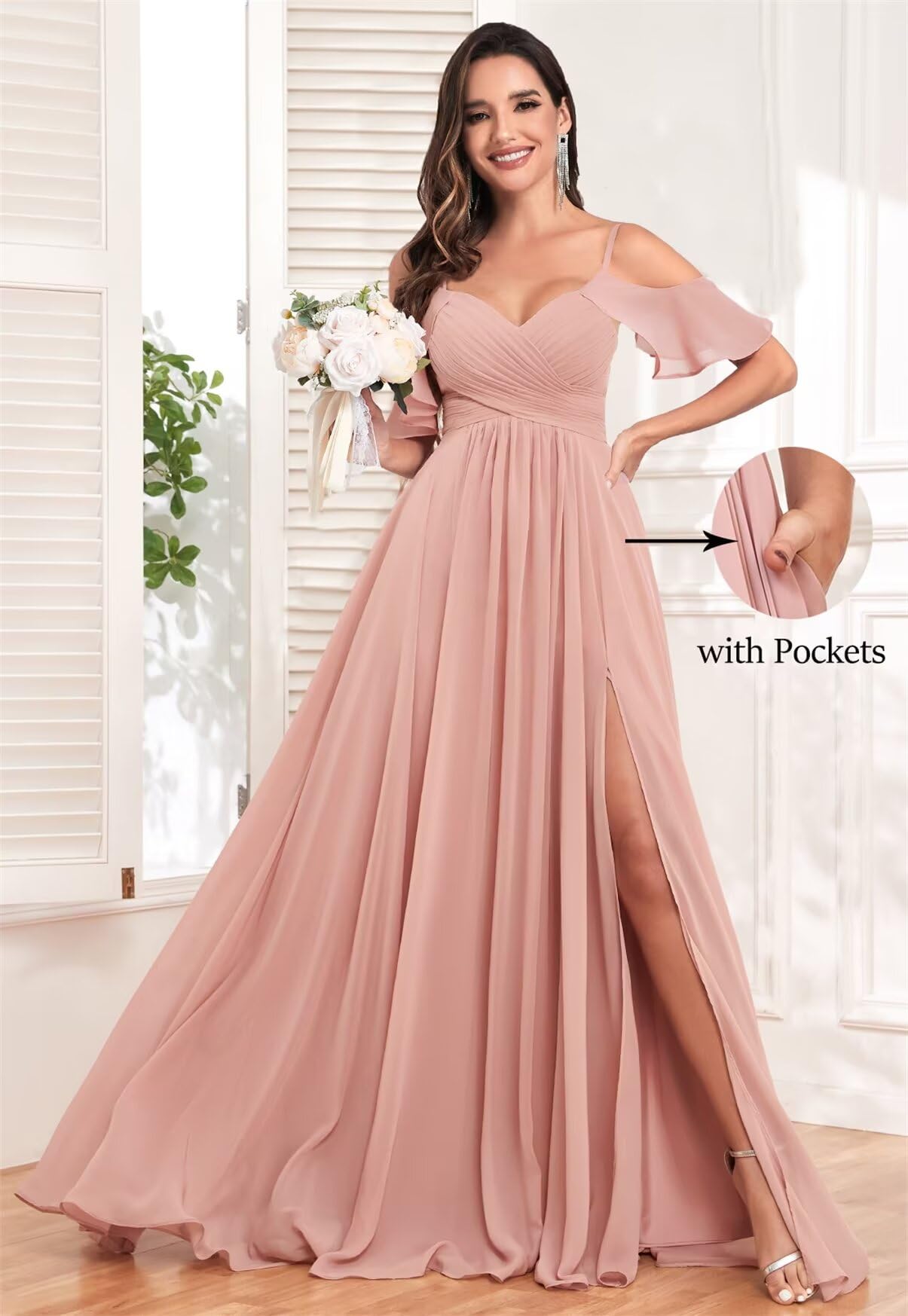Elegant Cold Shoulder Chiffon Bridesmaid Dresses for Women - Long Pleated Formal Gown with Side Slit & Pockets | Perfect for Weddings, Proms, and Special Occasions