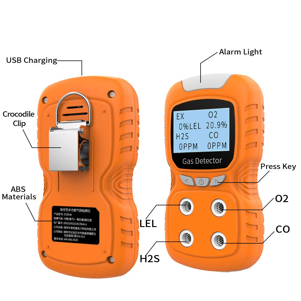 Portable Gas Detector - Gas Clip 4 Multi-Gas Monitor with LCD Display, Rechargeable Battery, Sound/Light Alarms for CO, O2, H2S Detection - Perfect for Industrial Safety, Confined Space Entry & Home Air Quality Testing (2 Year Warranty)