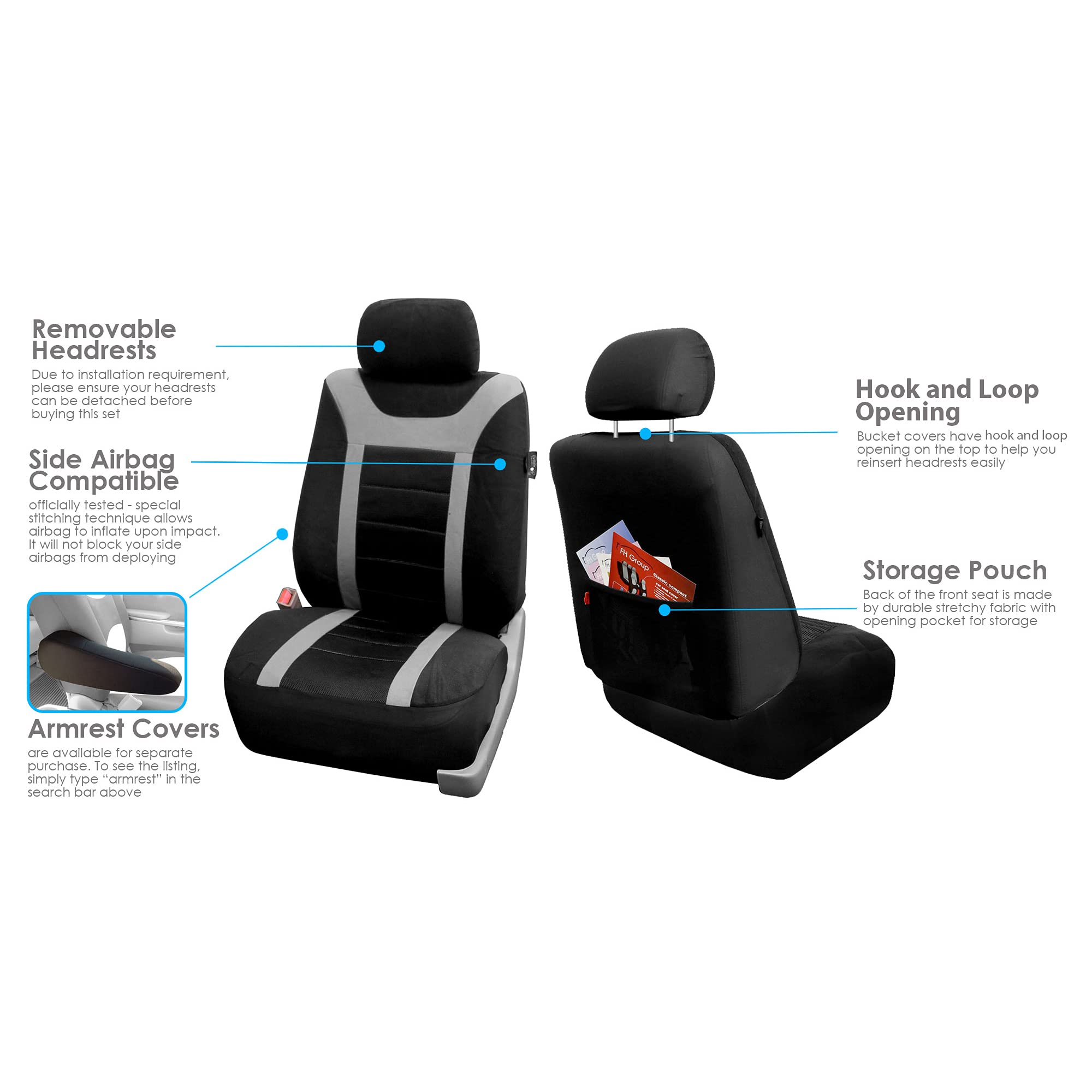 FH Group Universal Car Seat Covers Full Set - Gray Sports Design, Airbag Compatible, Split Rear for Cars, Trucks & SUVs | Durable Interior Accessories for Daily Commute, Road Trips & Off-Road Adventures